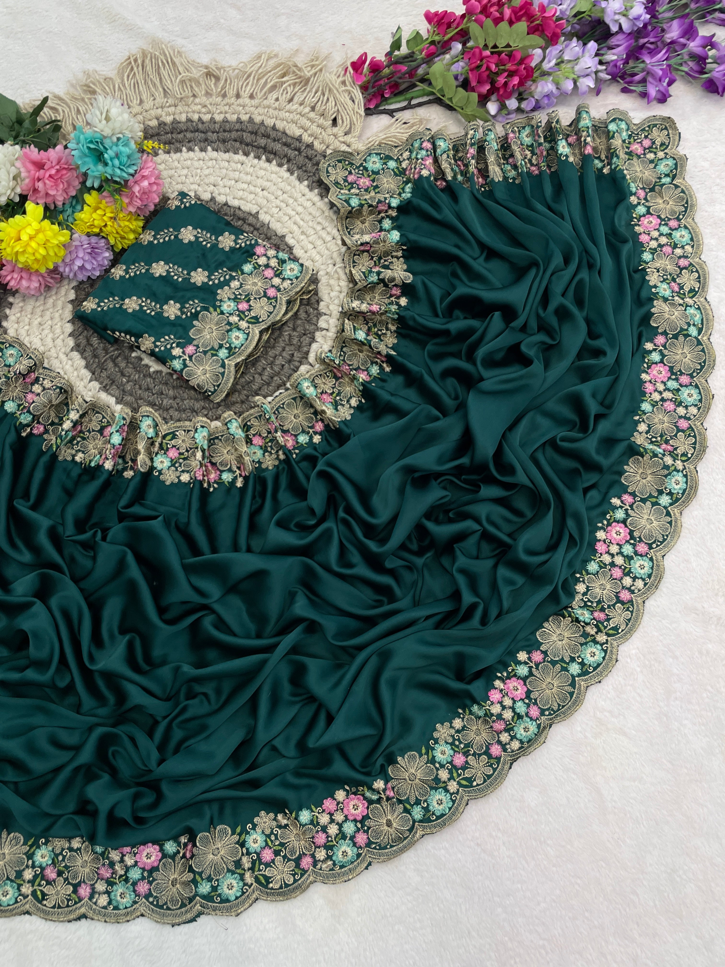 MANASVI Satin Embellished Embroidered Saree - Dark Bottle Green