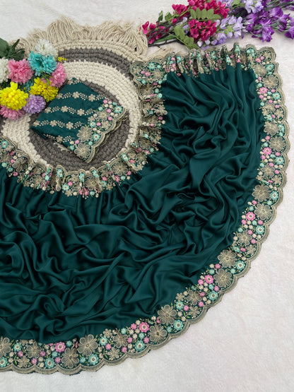 MANASVI Satin Embellished Embroidered Saree - Dark Bottle Green
