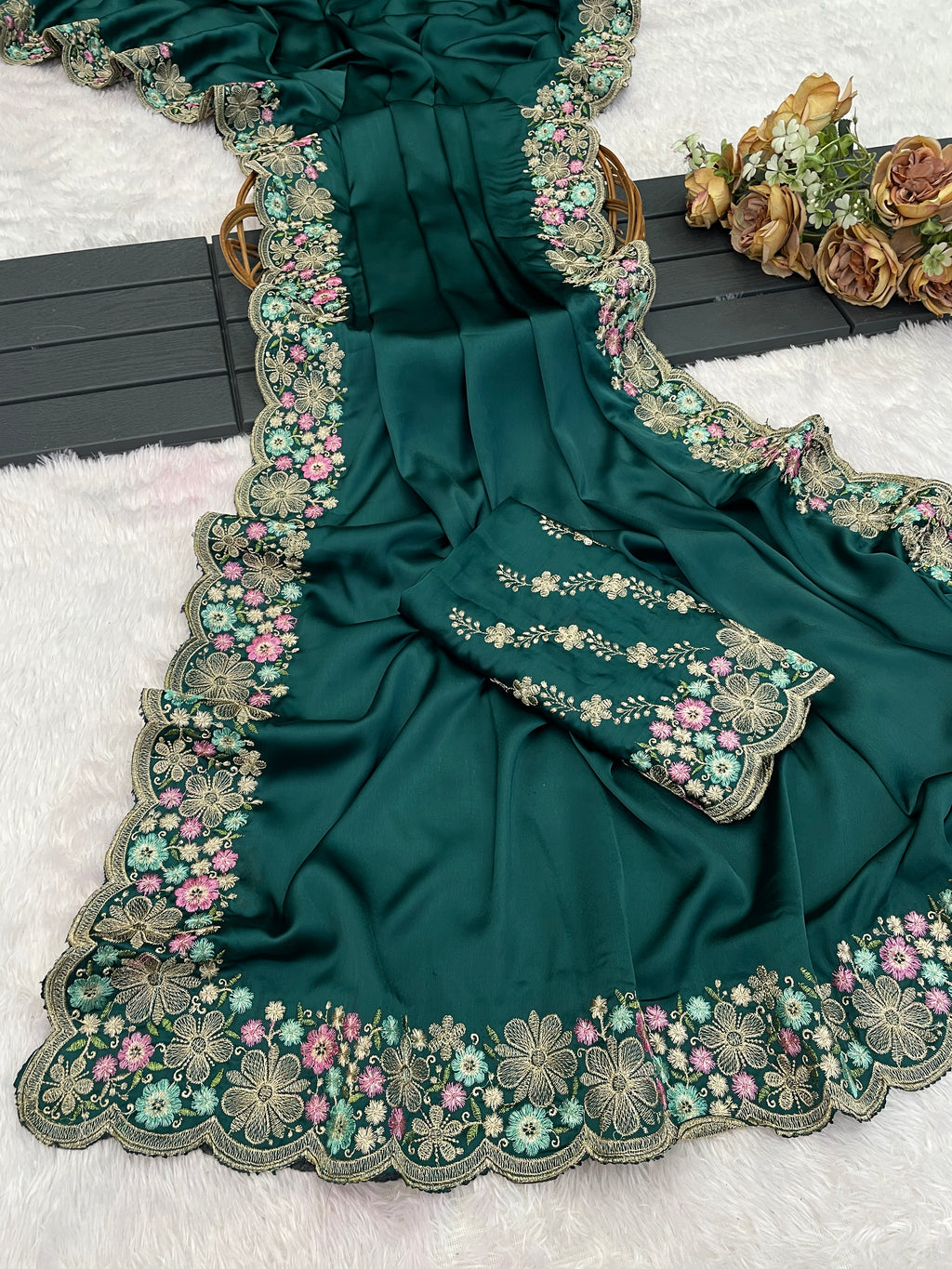 MANASVI Satin Embellished Embroidered Saree - Dark Bottle Green