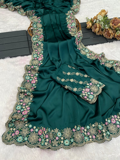 MANASVI Satin Embellished Embroidered Saree - Dark Bottle Green