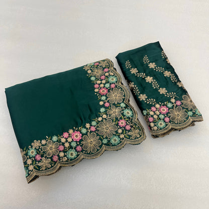 MANASVI Satin Embellished Embroidered Saree - Dark Bottle Green