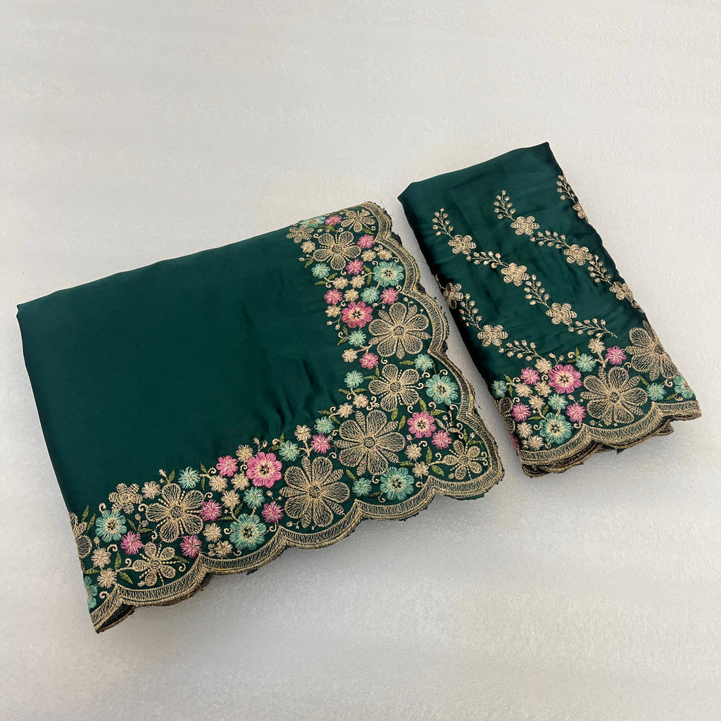 KHUSHI Georgette Digital Floral Printed Saree - Bottle Green