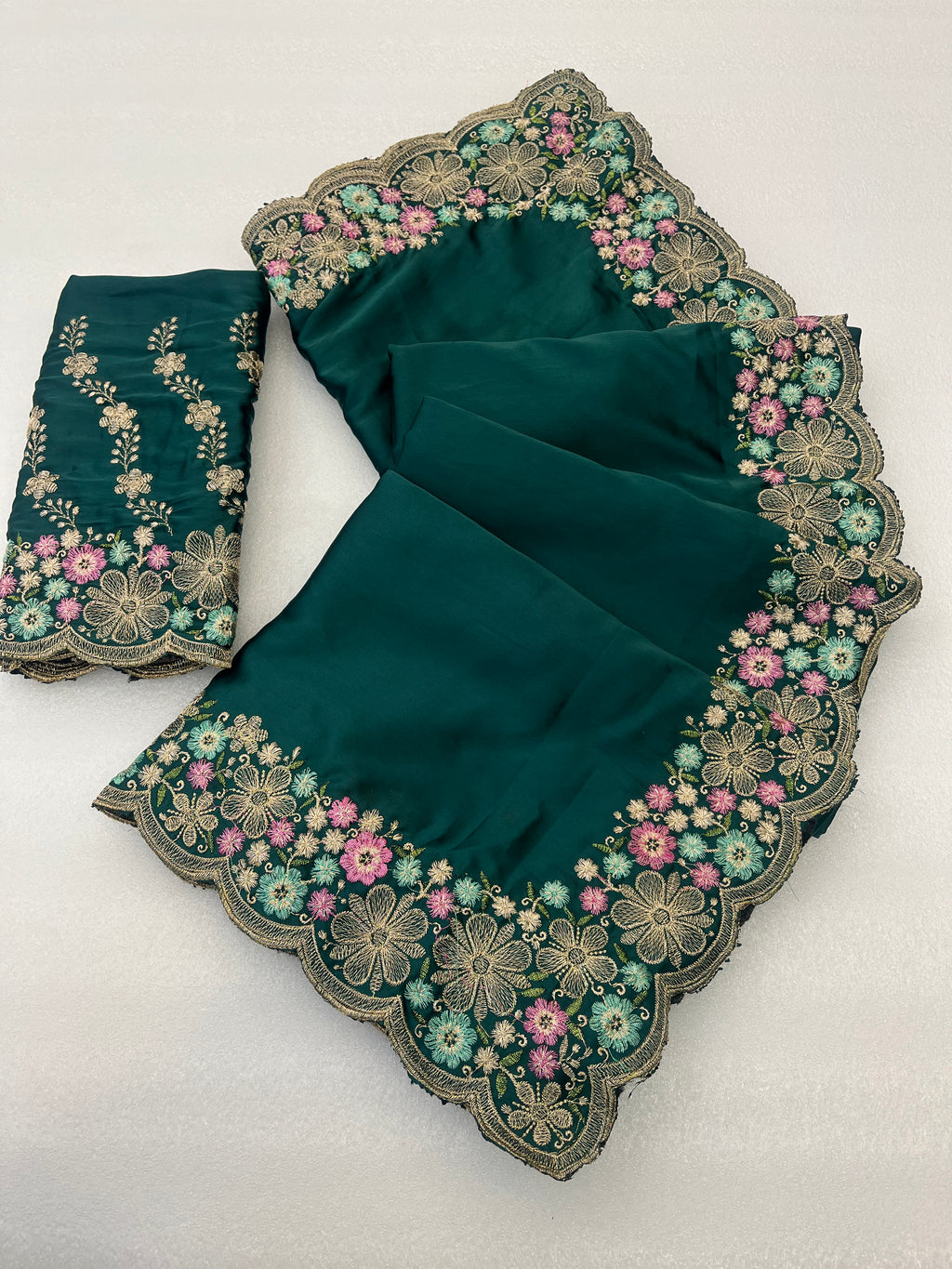 MANASVI Satin Embellished Embroidered Saree - Dark Bottle Green