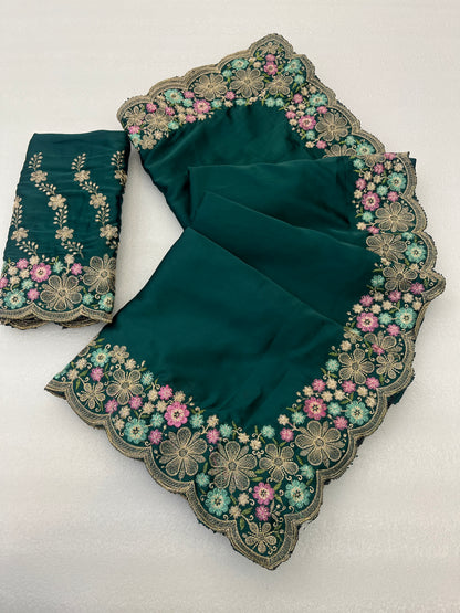 MANASVI Satin Embellished Embroidered Saree - Dark Bottle Green