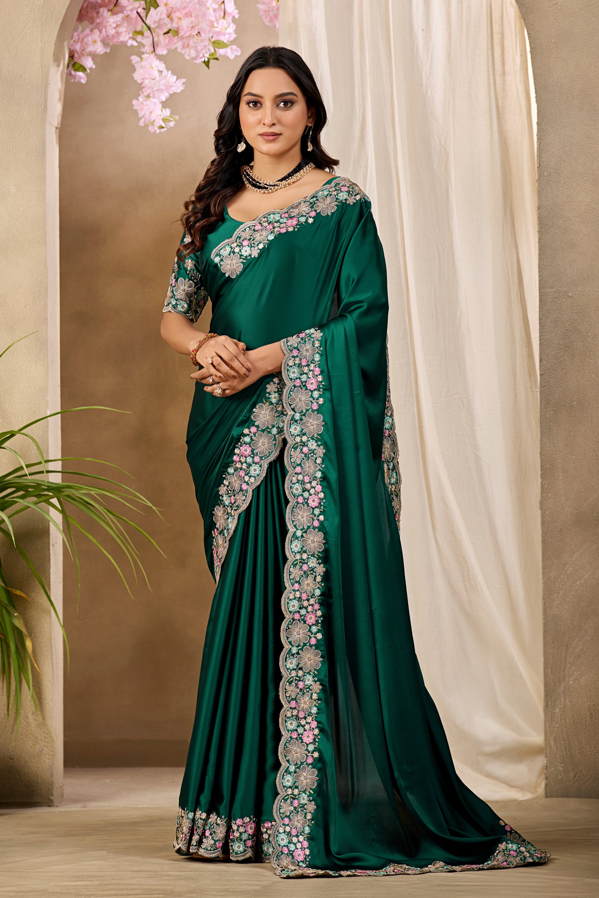MANASVI Satin Embellished Embroidered Saree - Dark Bottle Green
