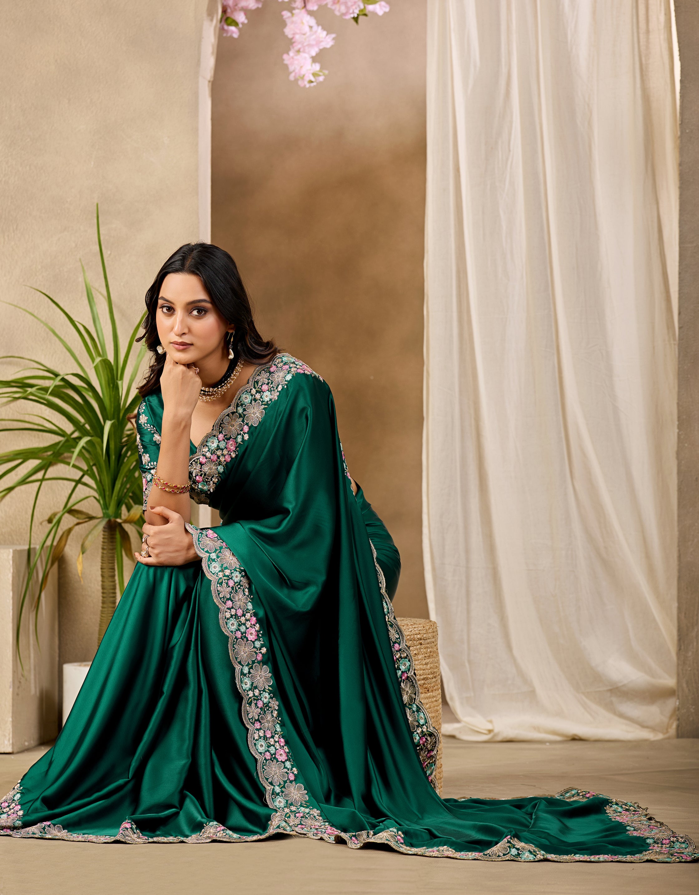 MANASVI Satin Embellished Embroidered Saree - Dark Bottle Green