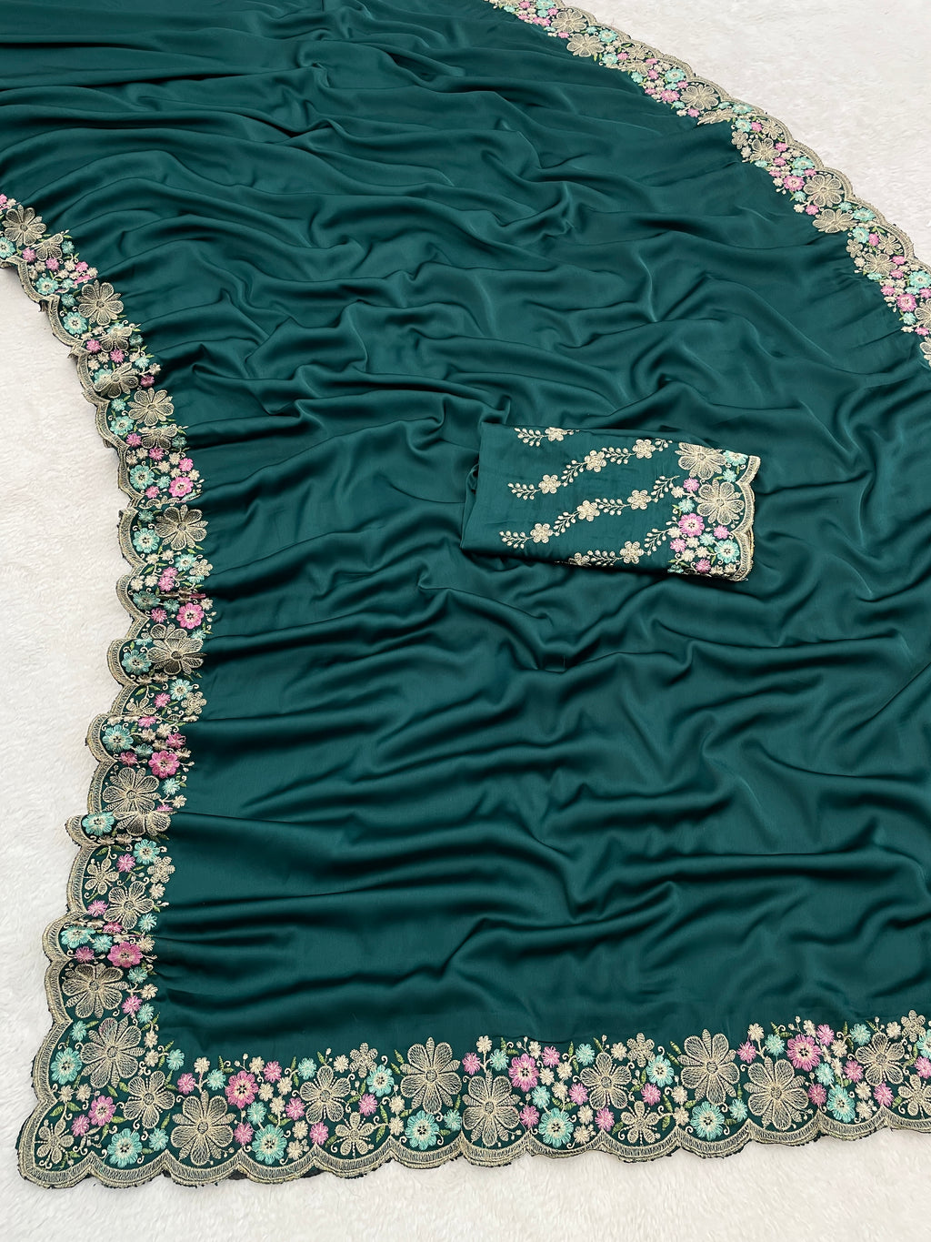 MANASVI Satin Embellished Embroidered Saree - Dark Bottle Green
