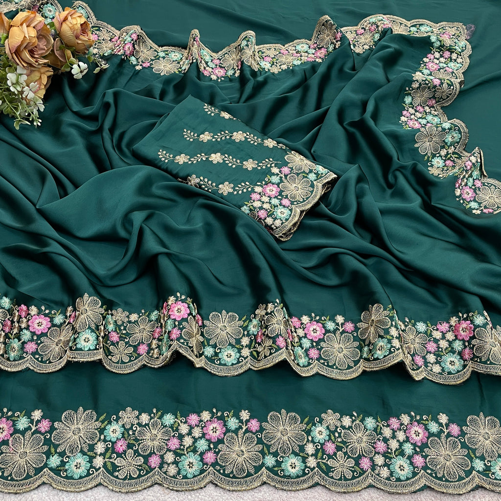 MANASVI Satin Embellished Embroidered Saree - Dark Bottle Green