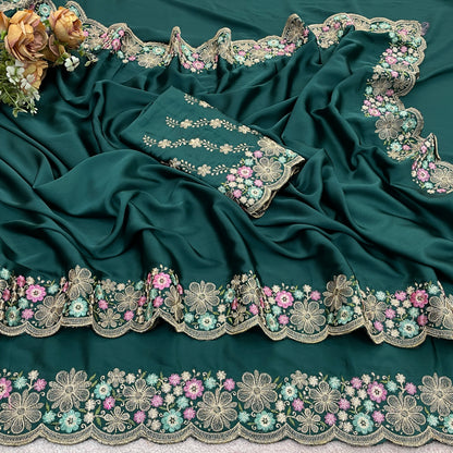 MANASVI Satin Embellished Embroidered Saree - Dark Bottle Green