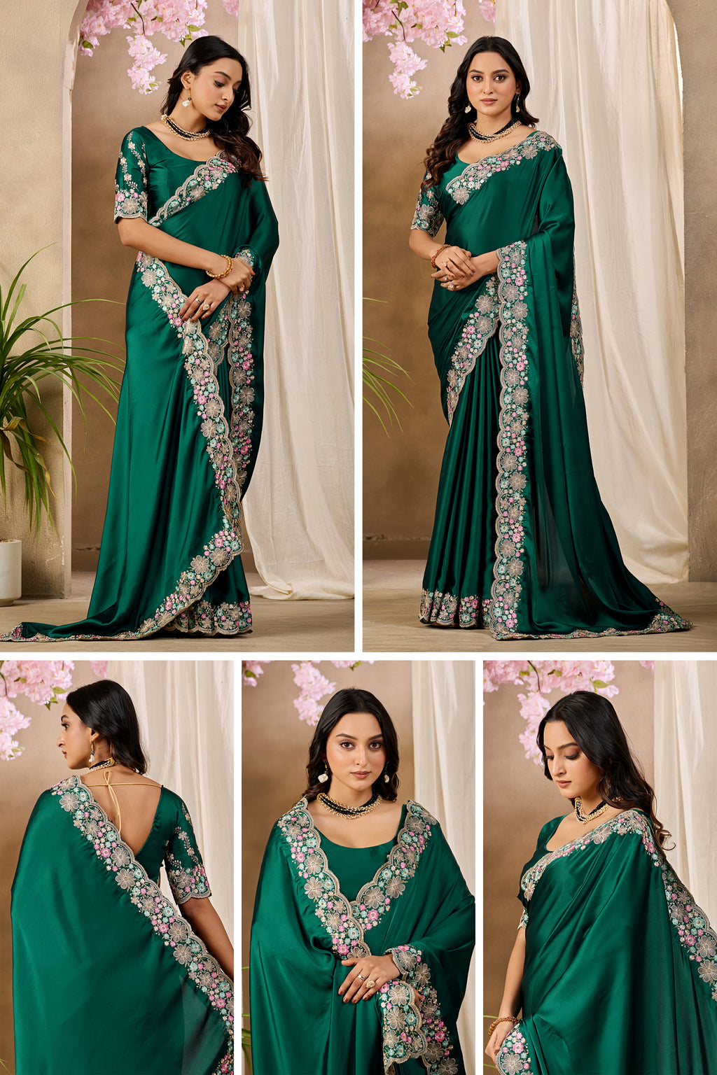 KHUSHI Georgette Digital Floral Printed Saree - Bottle Green