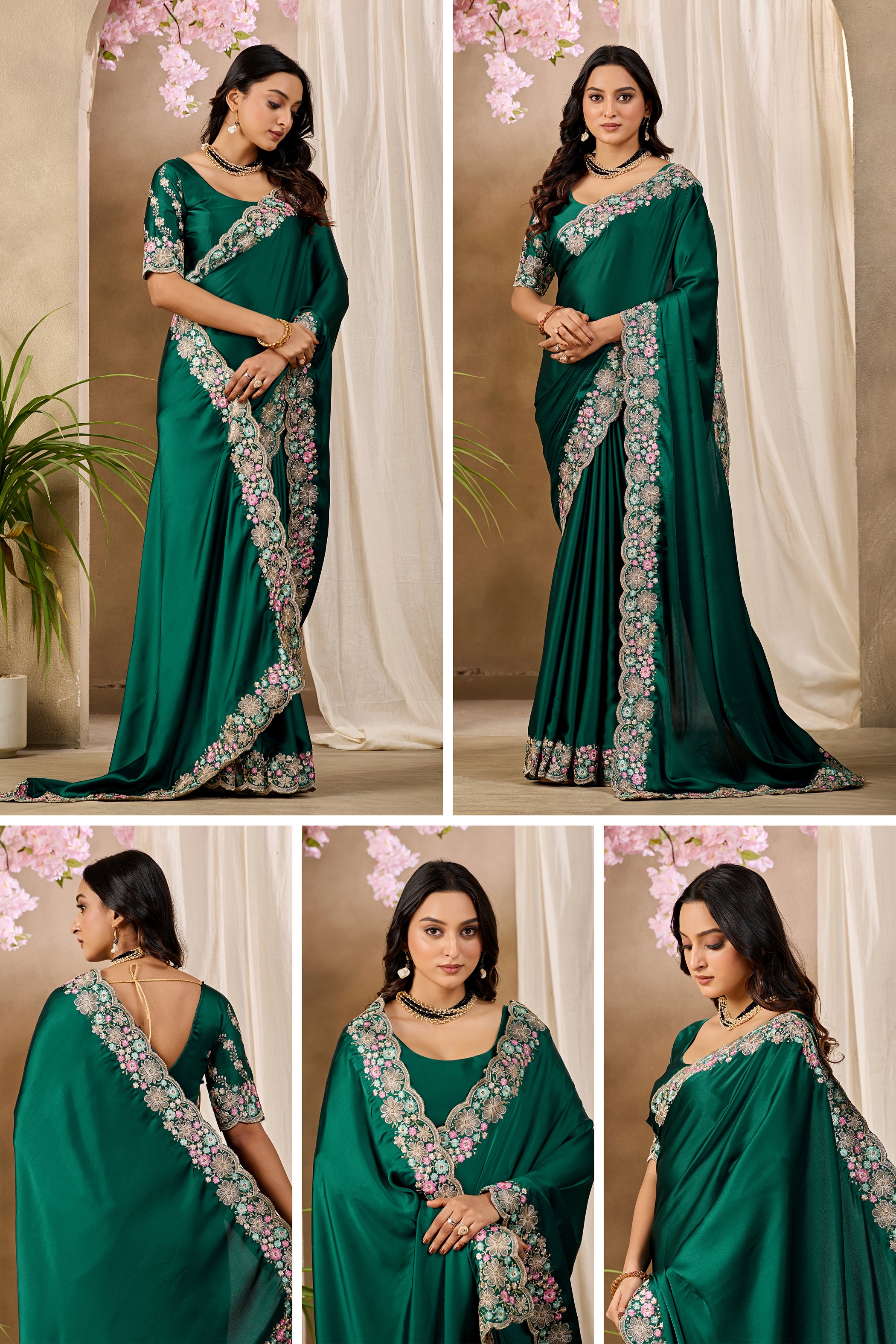 KHUSHI Georgette Digital Floral Printed Saree - Bottle Green