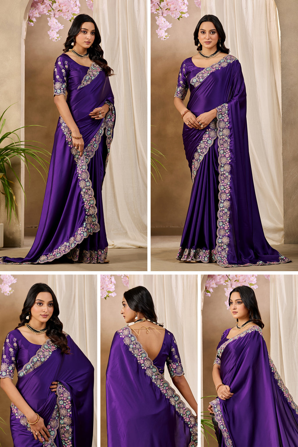 MANASVI Satin Embellished Embroidered Saree - Dark Jamli