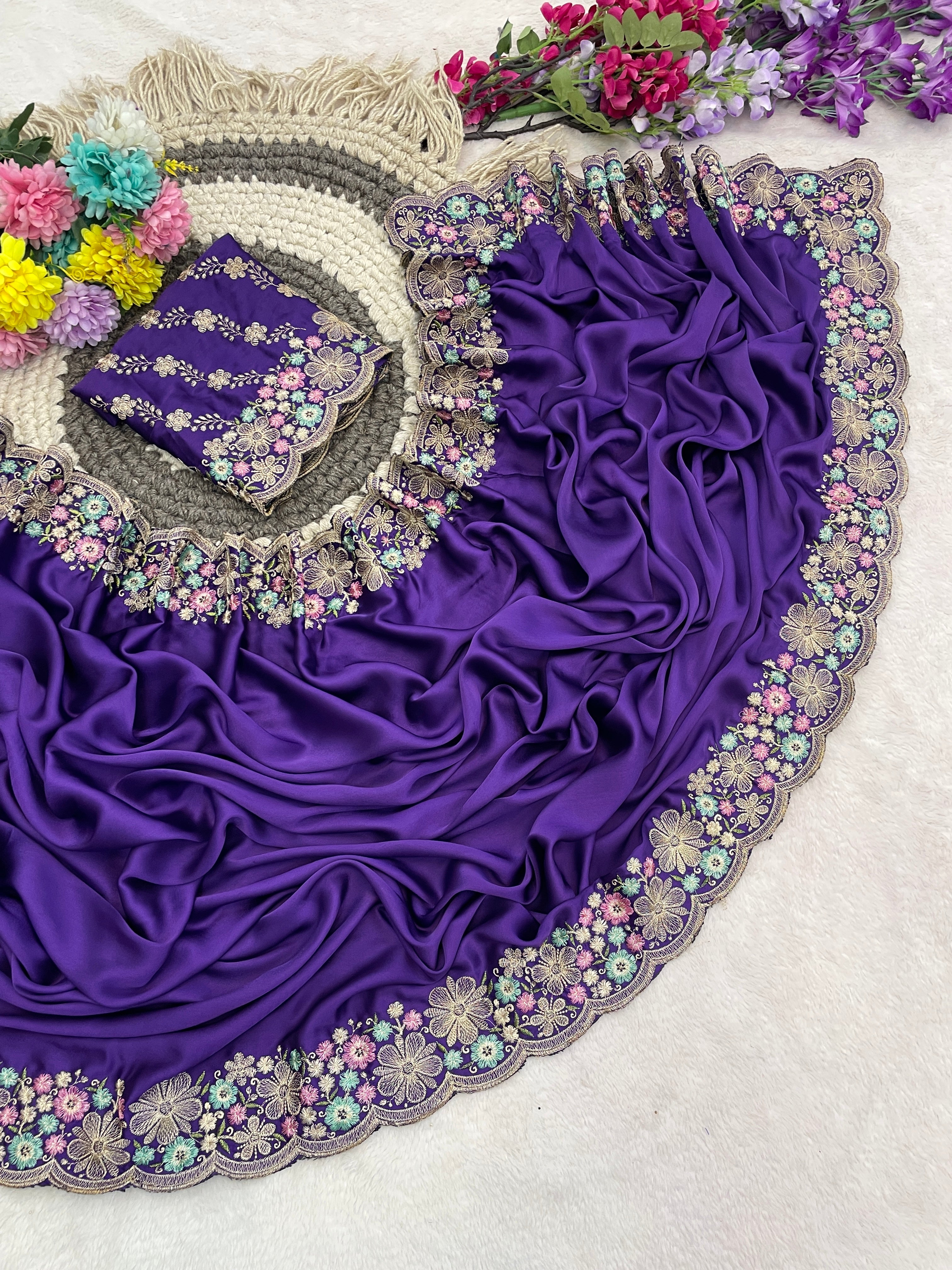 MANASVI Satin Embellished Embroidered Saree - Dark Jamli