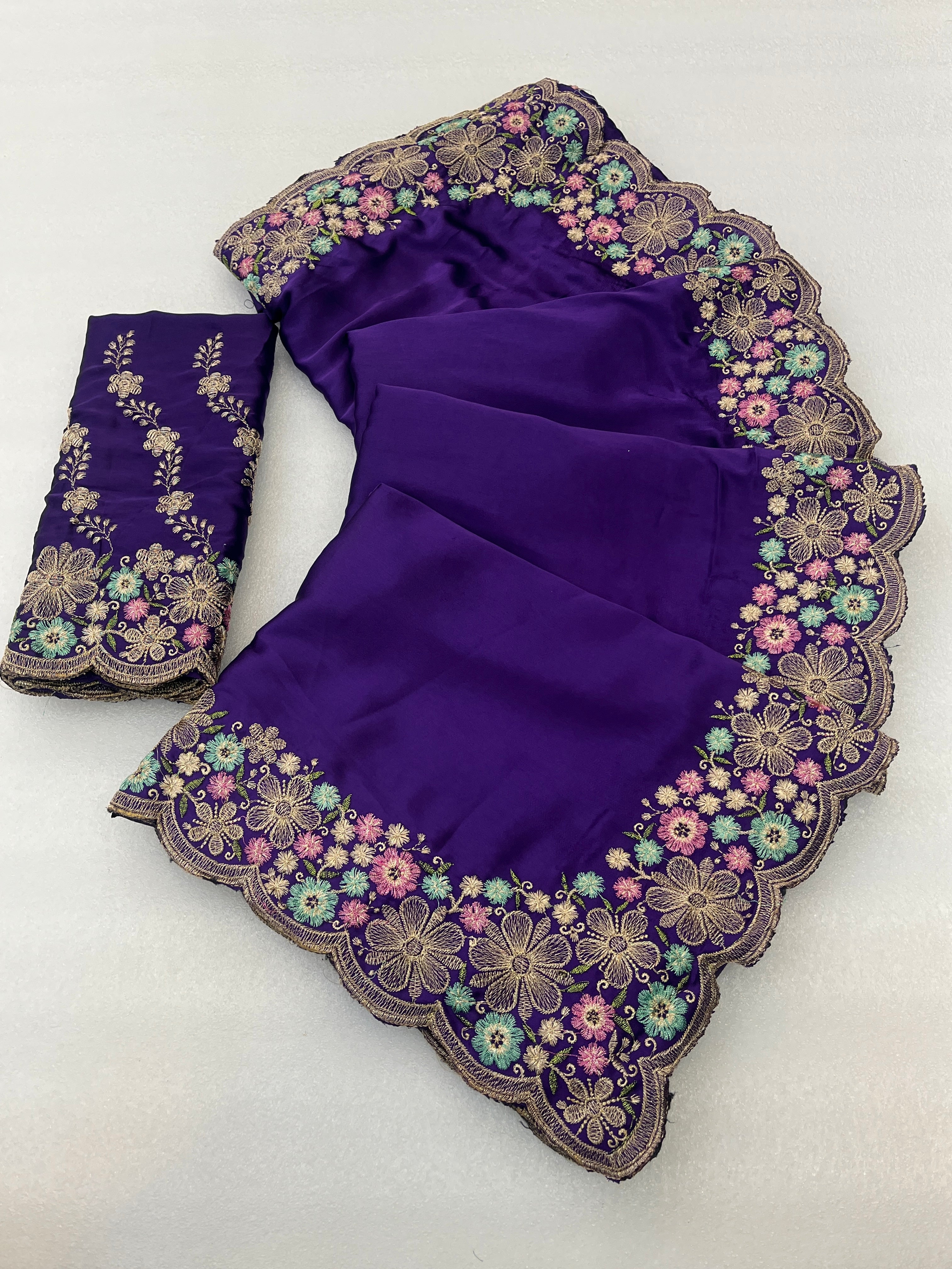 MANASVI Satin Embellished Embroidered Saree - Dark Jamli