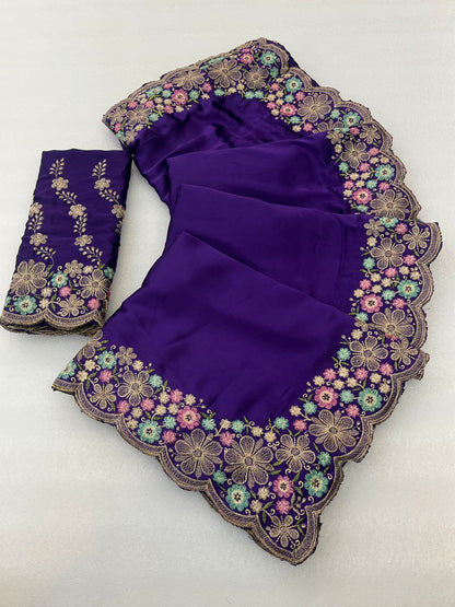 MANASVI Satin Embellished Embroidered Saree - Dark Jamli