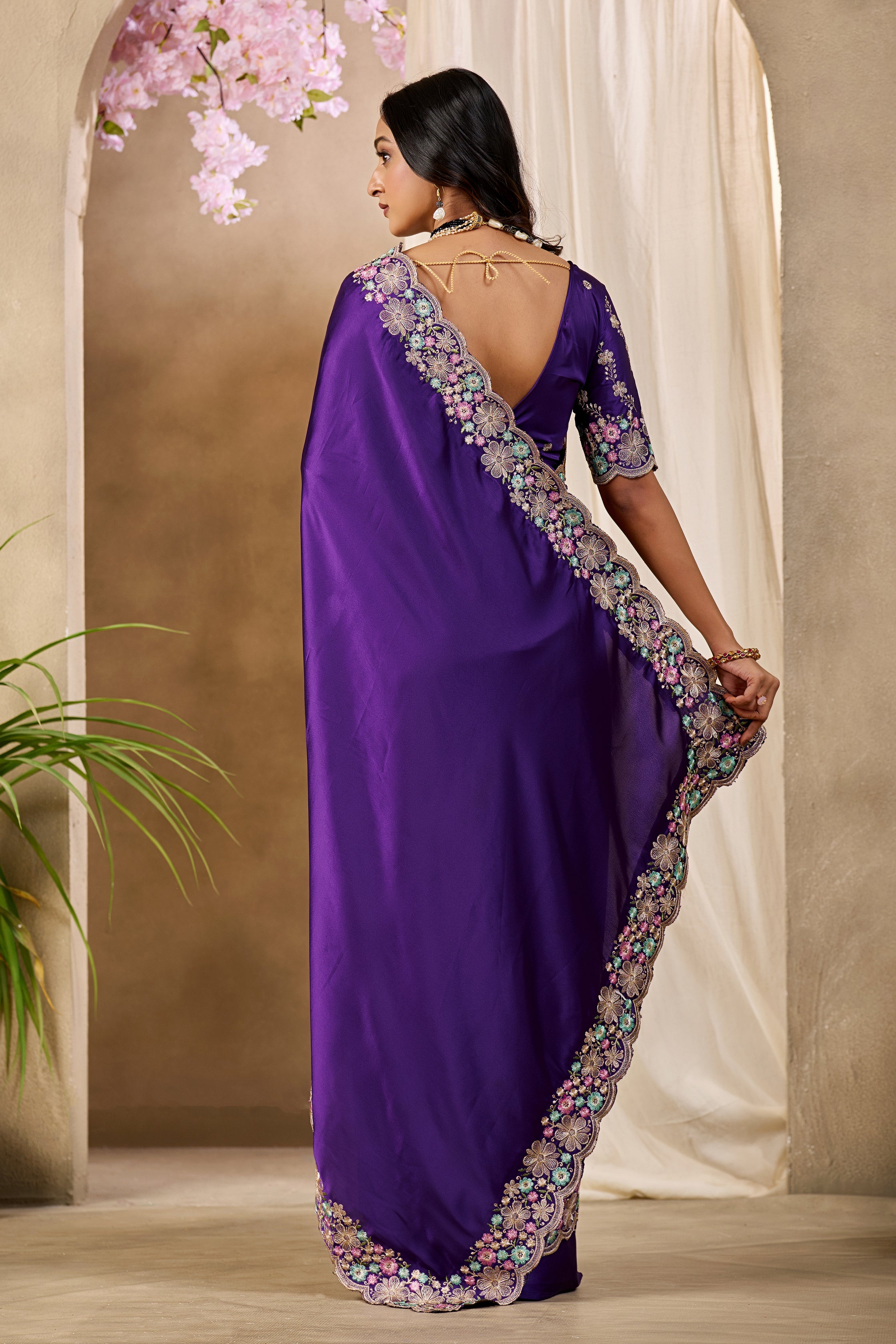 MANASVI Satin Embellished Embroidered Saree - Dark Jamli