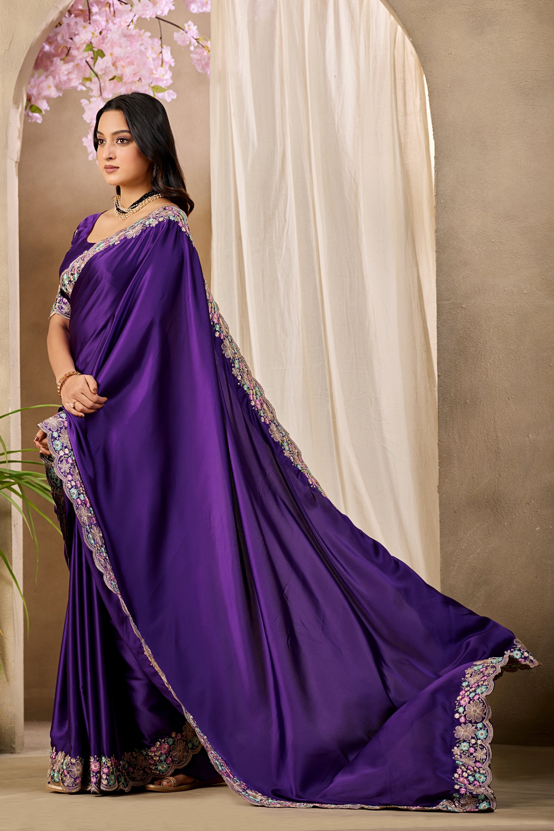 MANASVI Satin Embellished Embroidered Saree - Dark Jamli