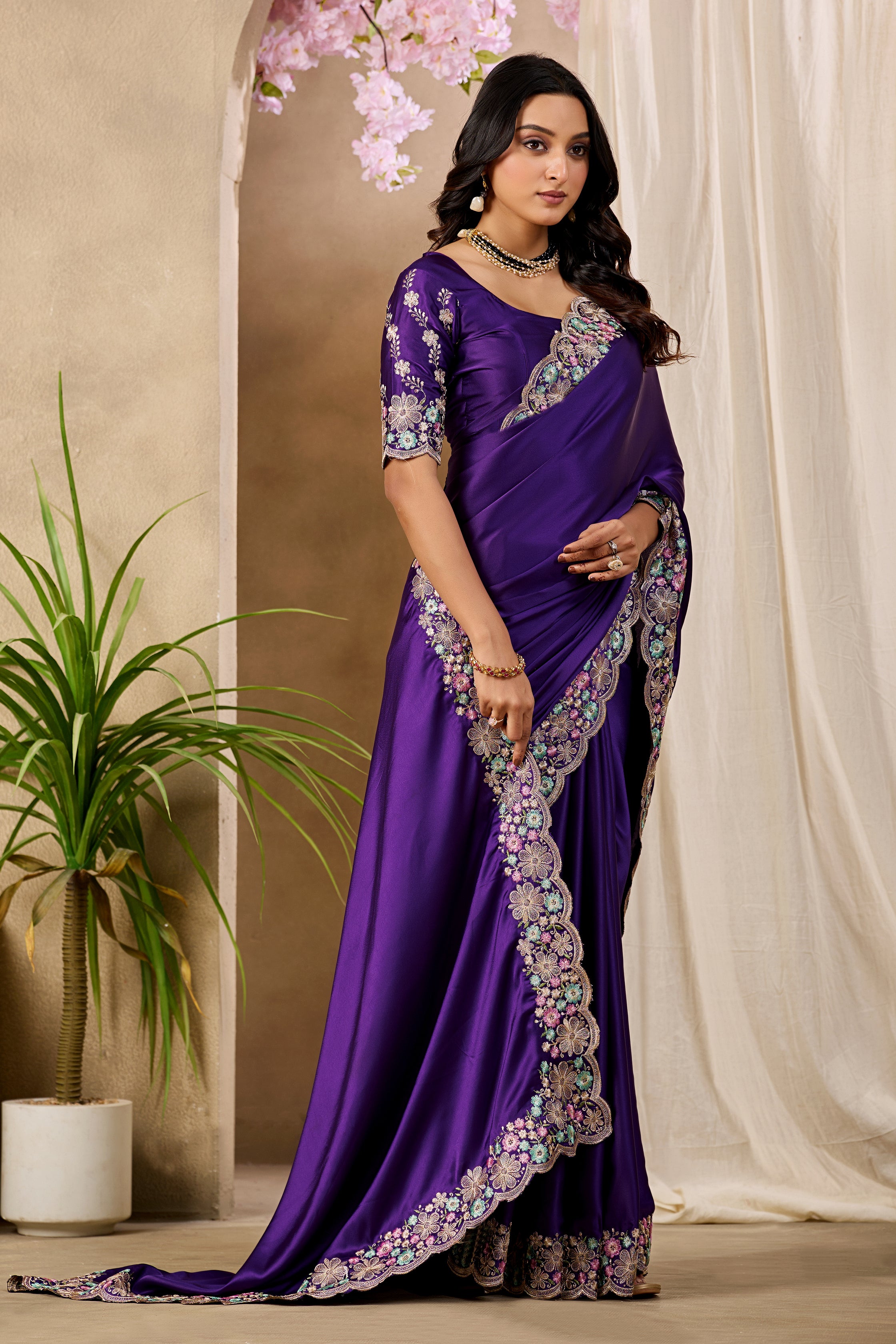 MANASVI Satin Embellished Embroidered Saree - Dark Jamli