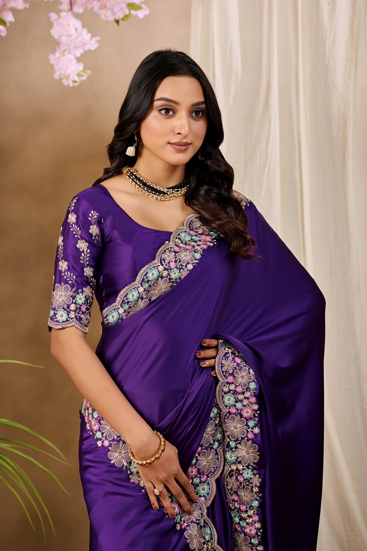 MANASVI Satin Embellished Embroidered Saree - Dark Jamli