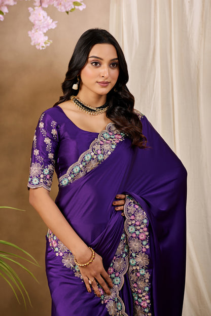 MANASVI Satin Embellished Embroidered Saree - Dark Jamli