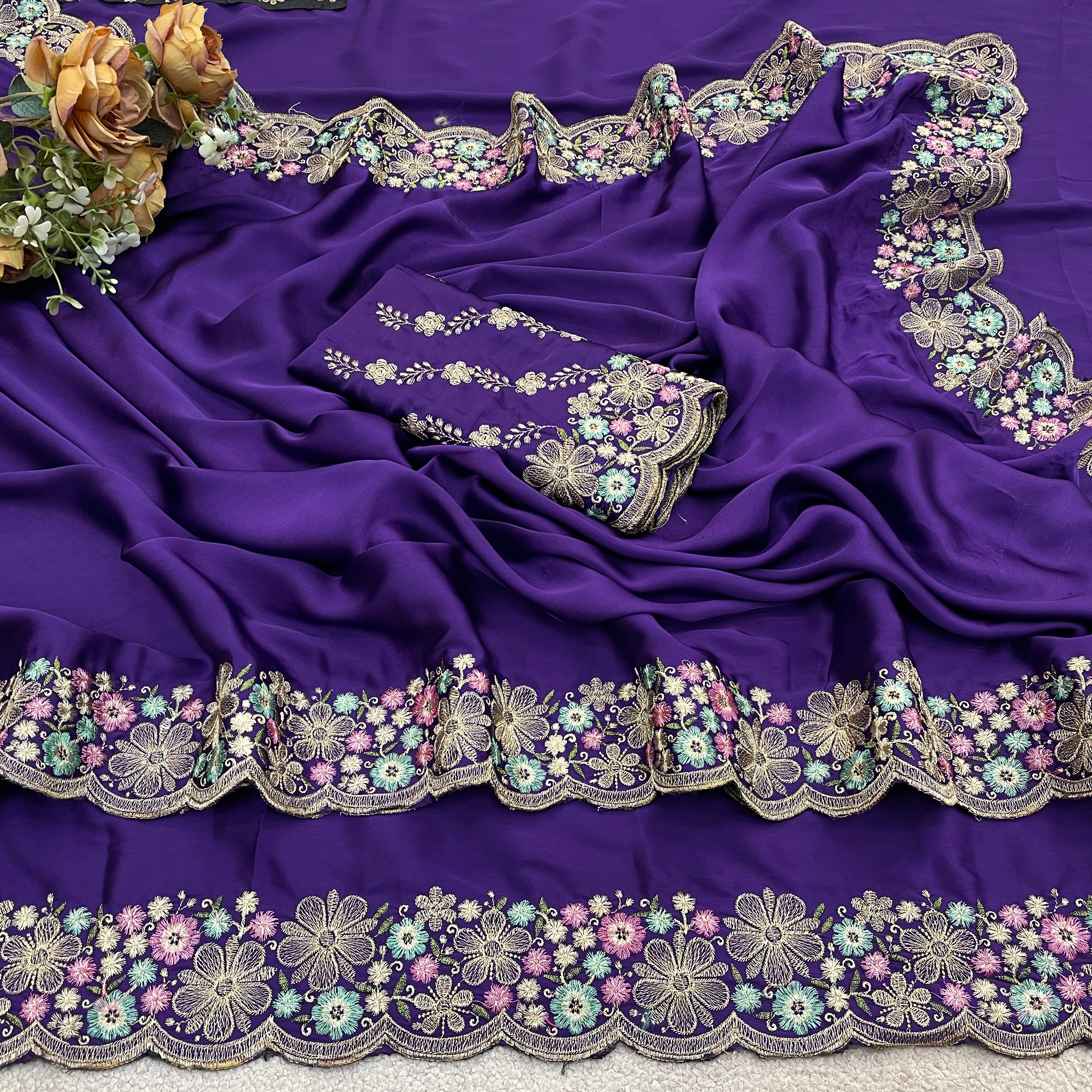 MANASVI Satin Embellished Embroidered Saree - Dark Jamli