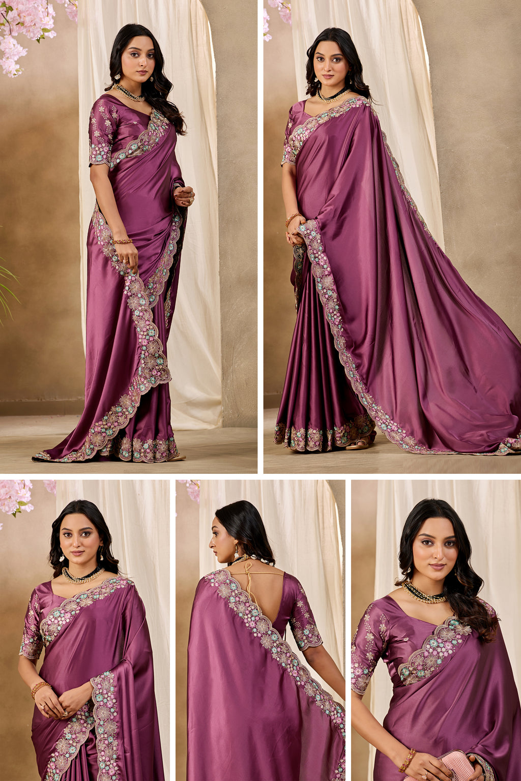 MANASVI Satin Embellished Embroidered Saree - Dark Maroon