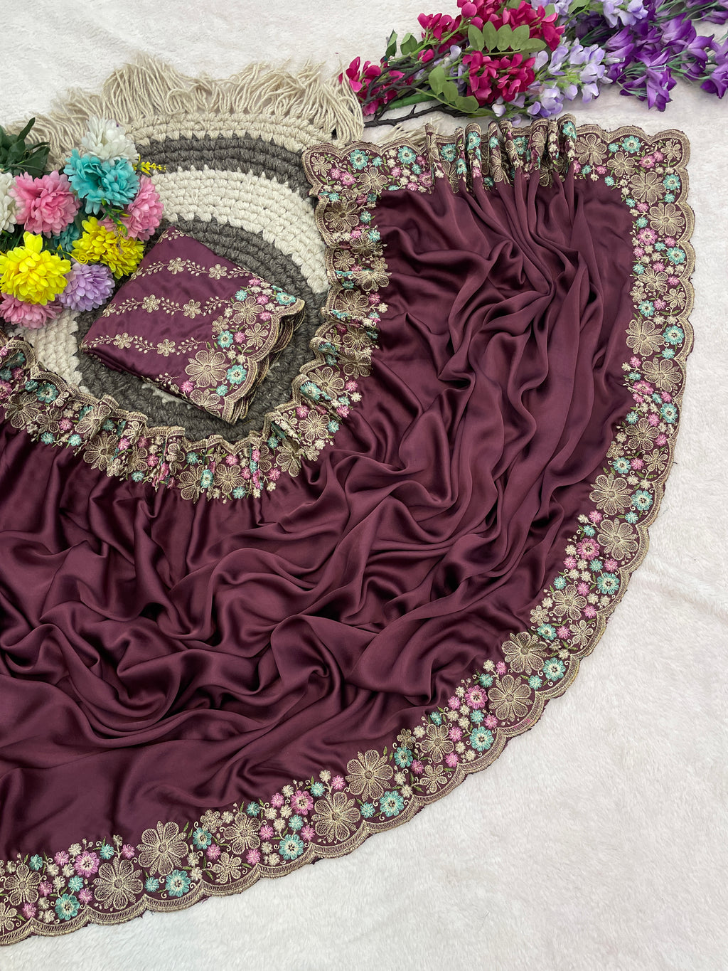 MANASVI Satin Embellished Embroidered Saree - Dark Maroon