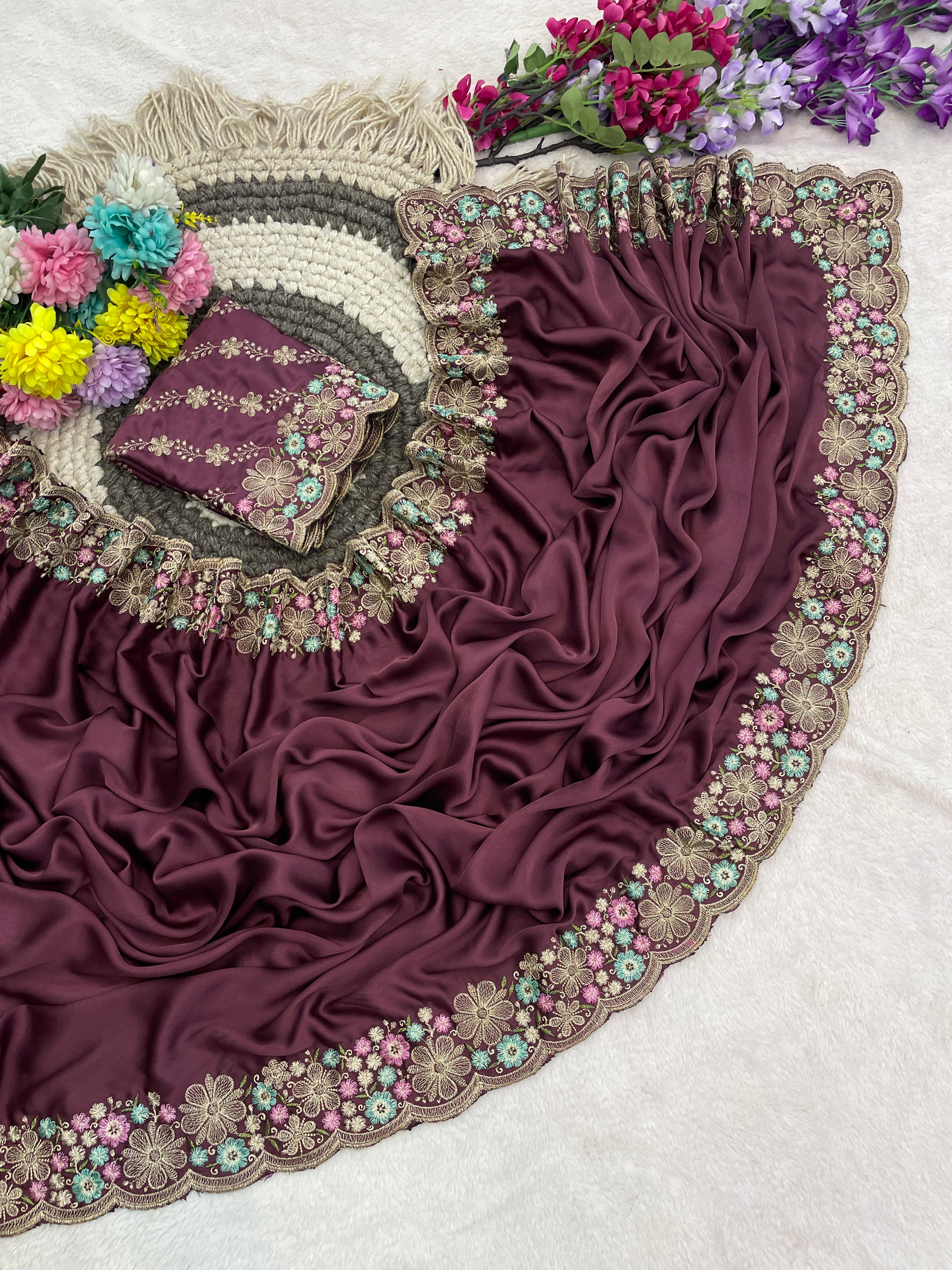 MANASVI Satin Embellished Embroidered Saree - Dark Maroon