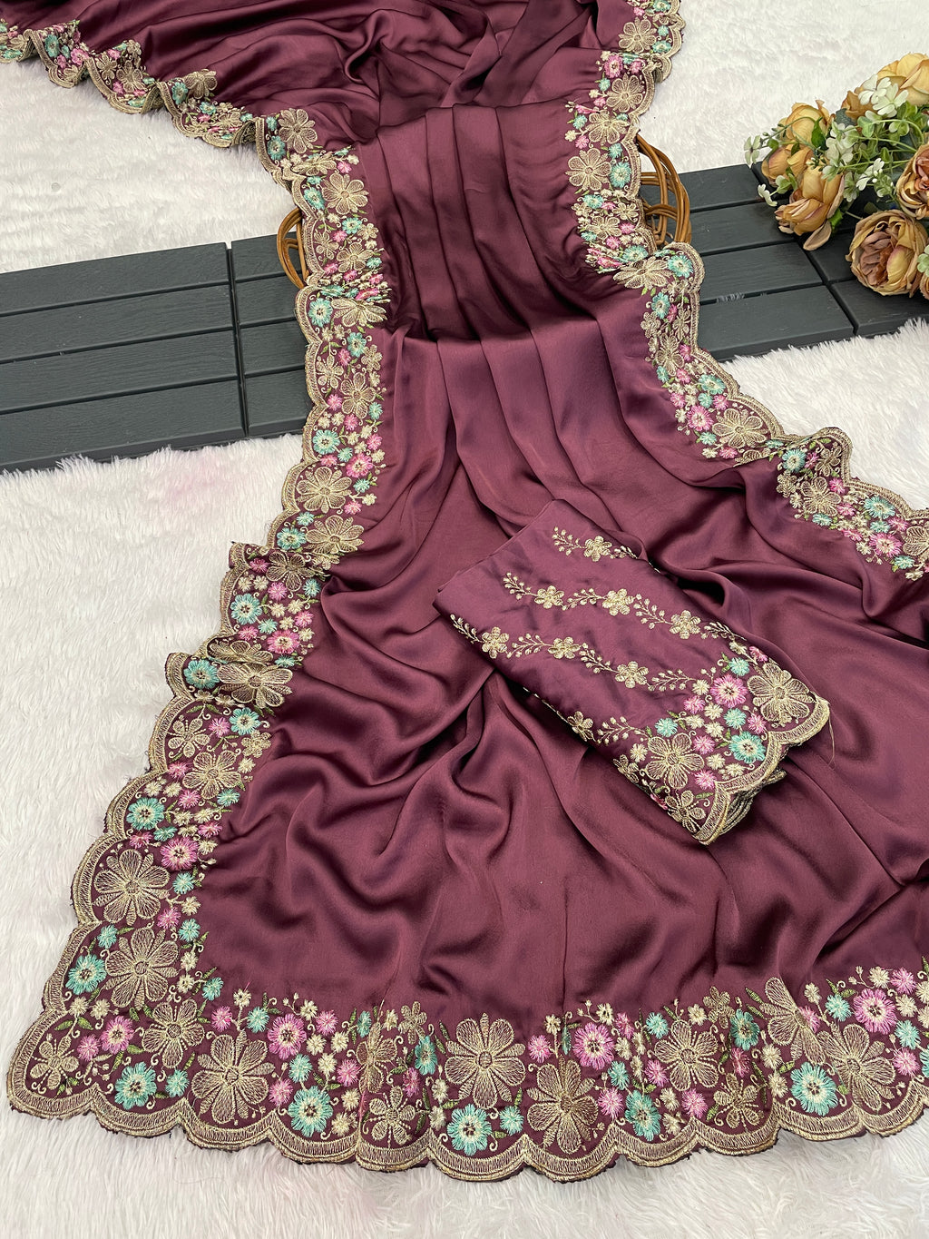 MANASVI Satin Embellished Embroidered Saree - Dark Maroon
