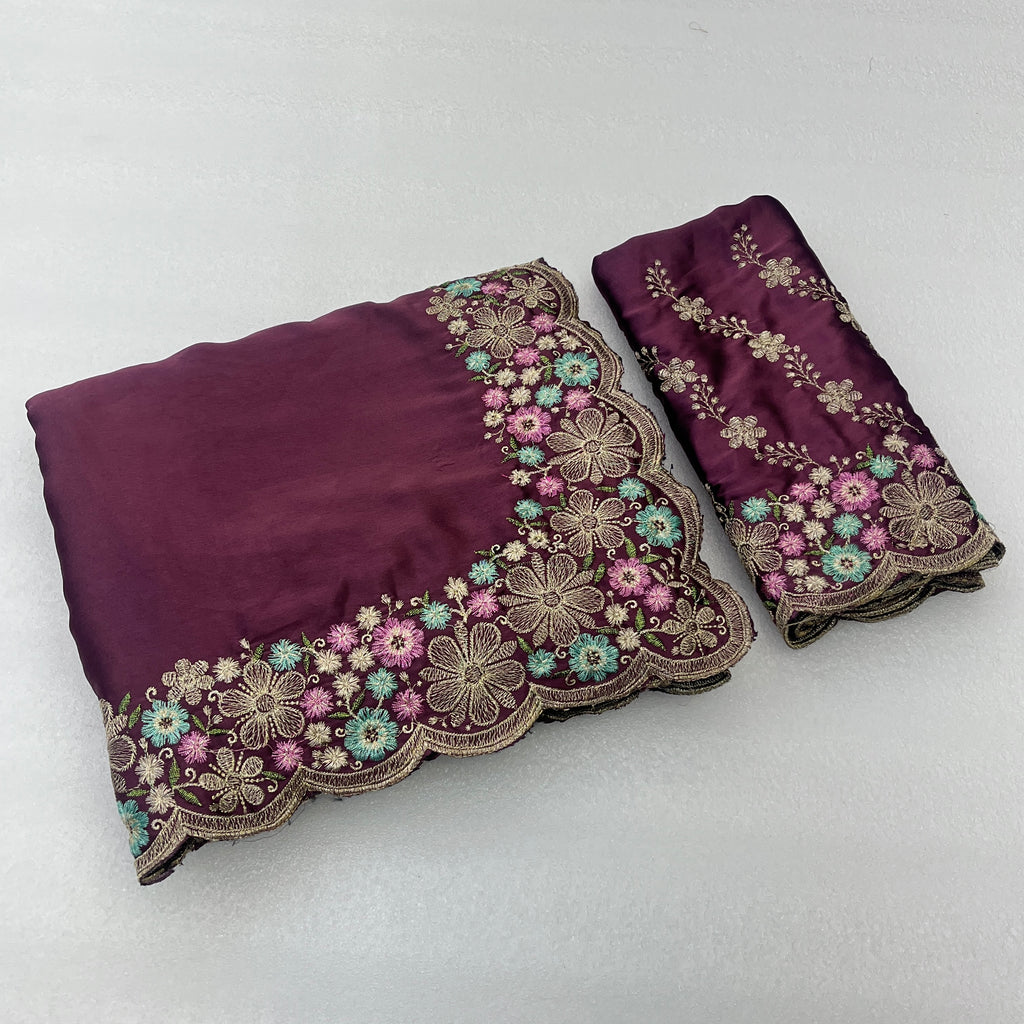 MANASVI Satin Embellished Embroidered Saree - Dark Maroon