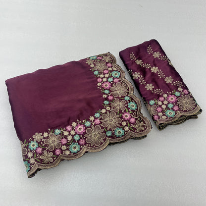 MANASVI Satin Embellished Embroidered Saree - Dark Maroon
