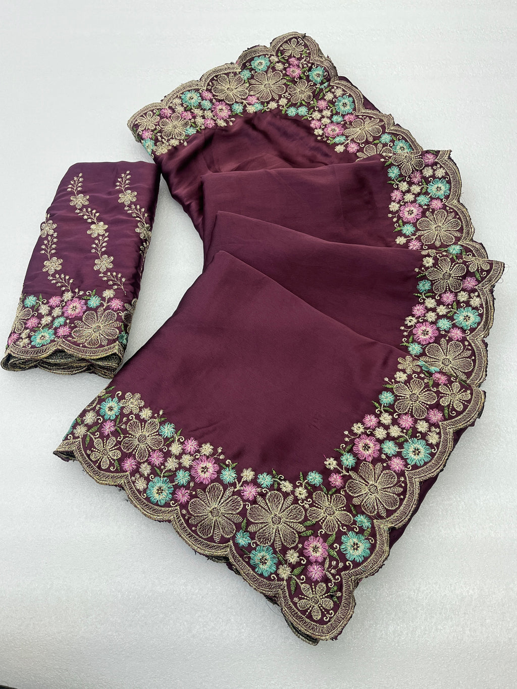 MANASVI Satin Embellished Embroidered Saree - Dark Maroon