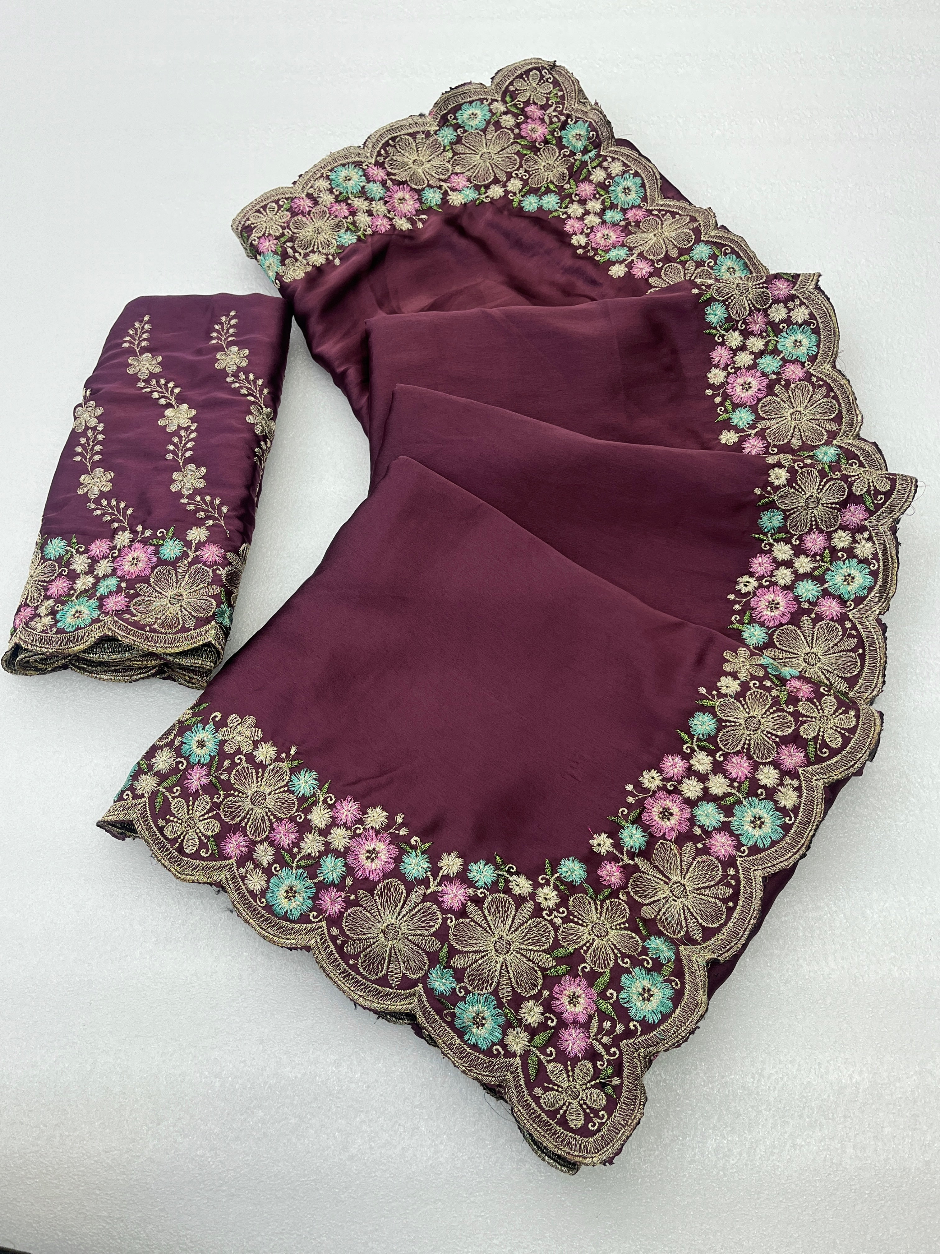 MANASVI Satin Embellished Embroidered Saree - Dark Maroon