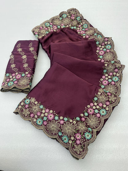 MANASVI Satin Embellished Embroidered Saree - Dark Maroon