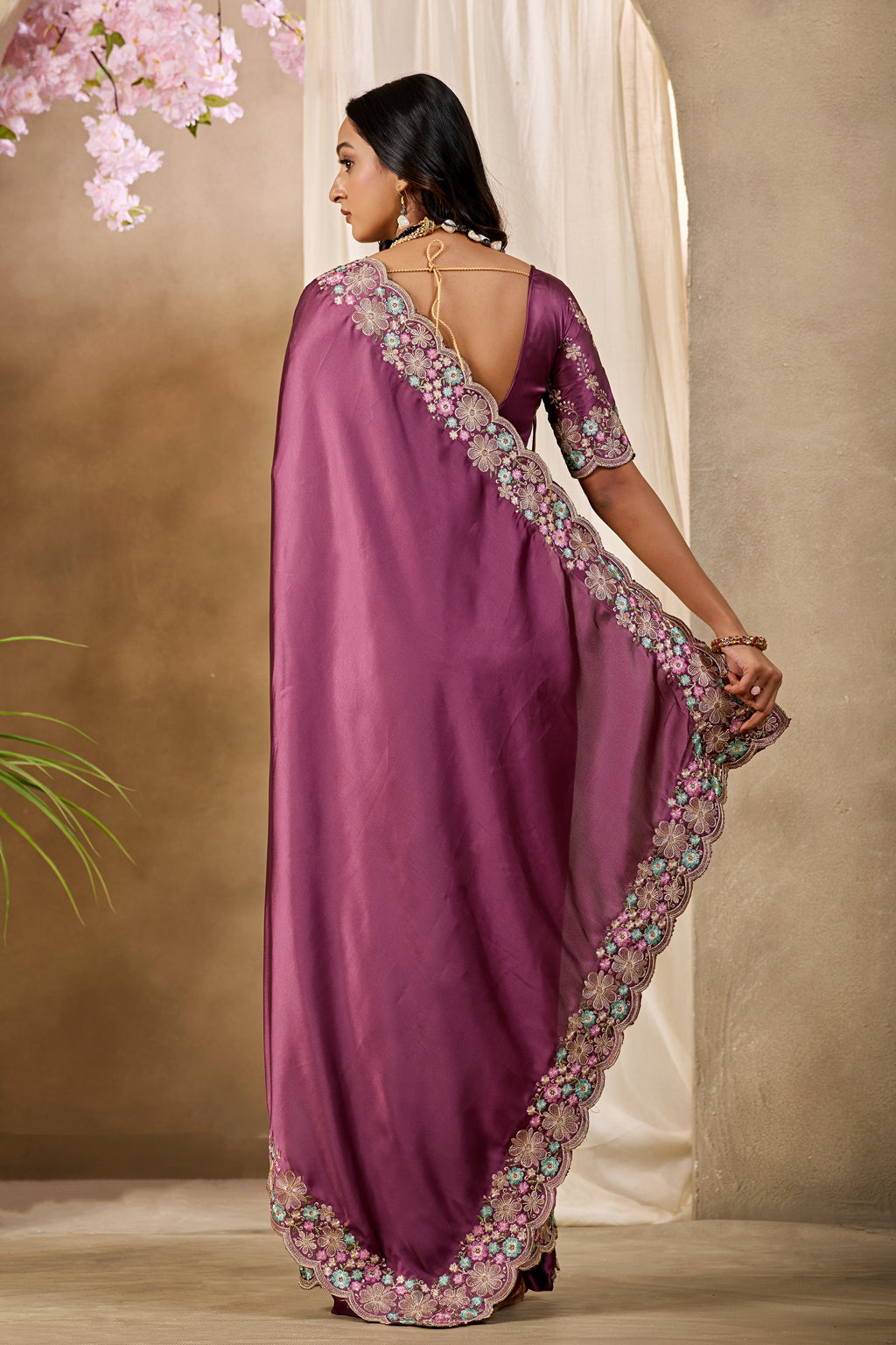 MANASVI Satin Embellished Embroidered Saree - Dark Maroon