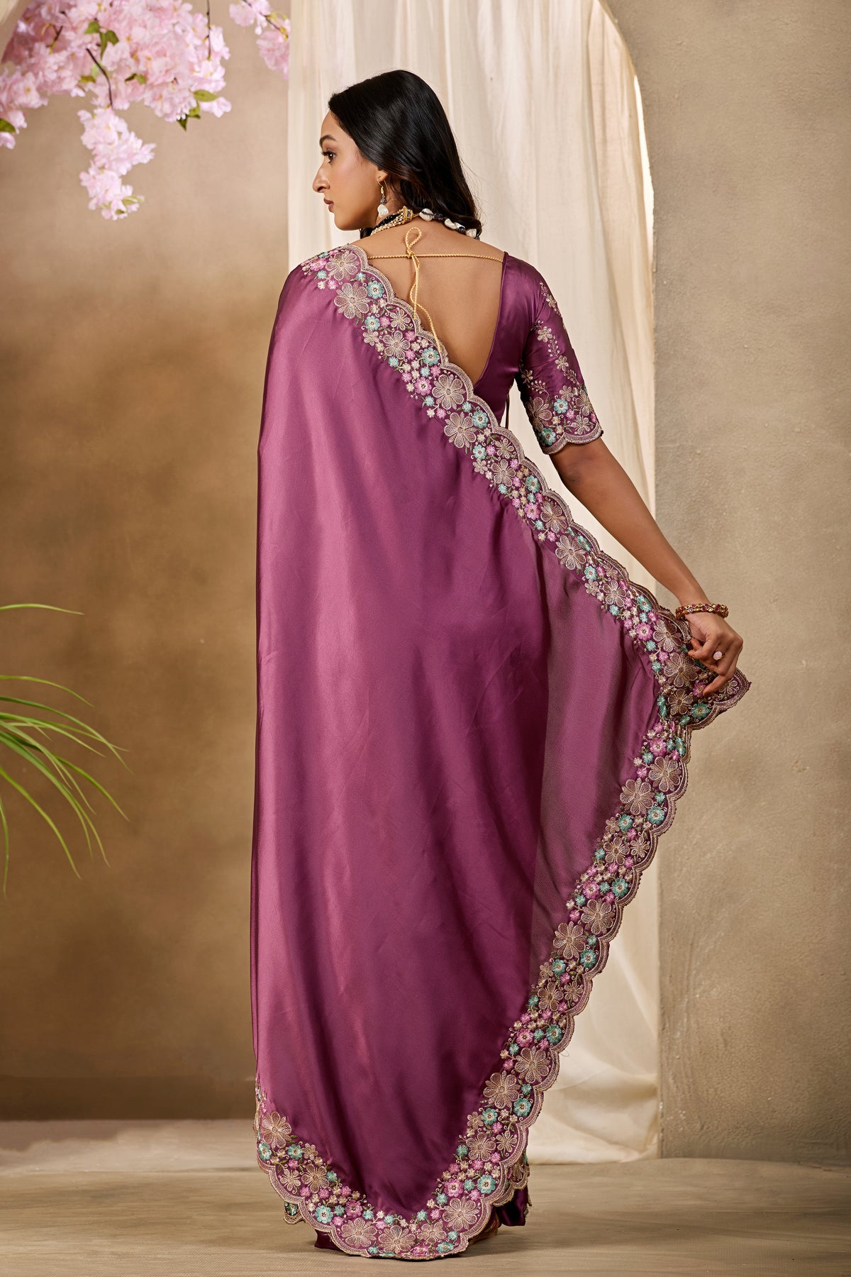 MANASVI Satin Embellished Embroidered Saree - Dark Maroon