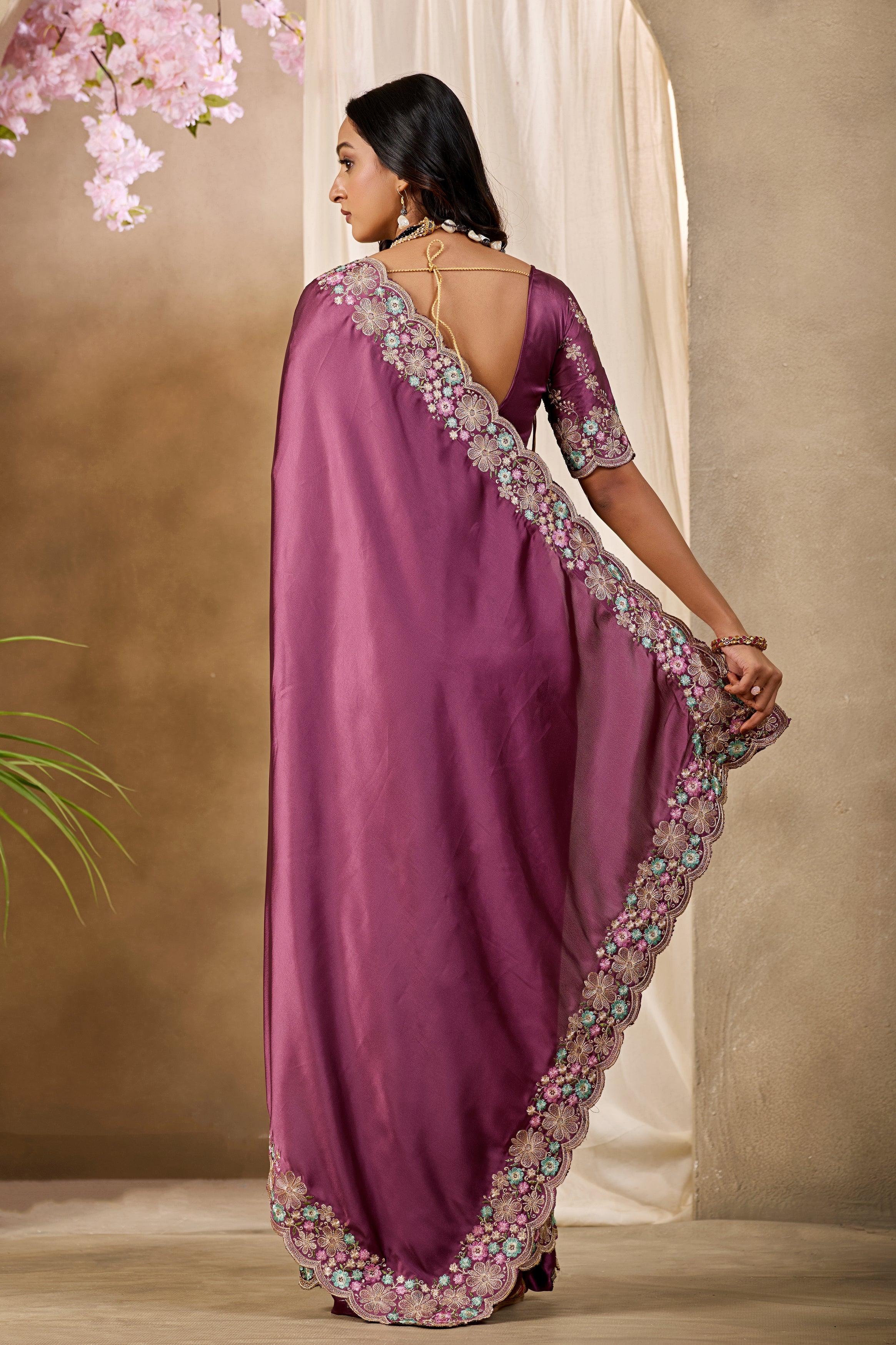 MANASVI Satin Embellished Embroidered Saree - Dark Maroon