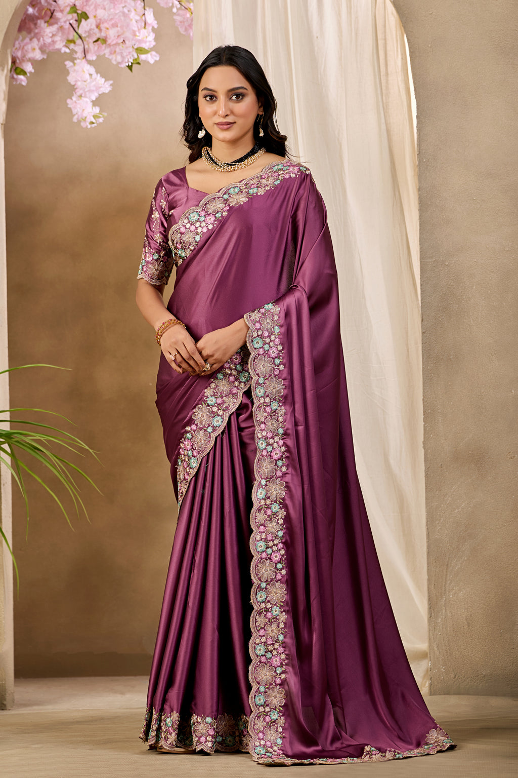 MANASVI Satin Embellished Embroidered Saree - Dark Maroon