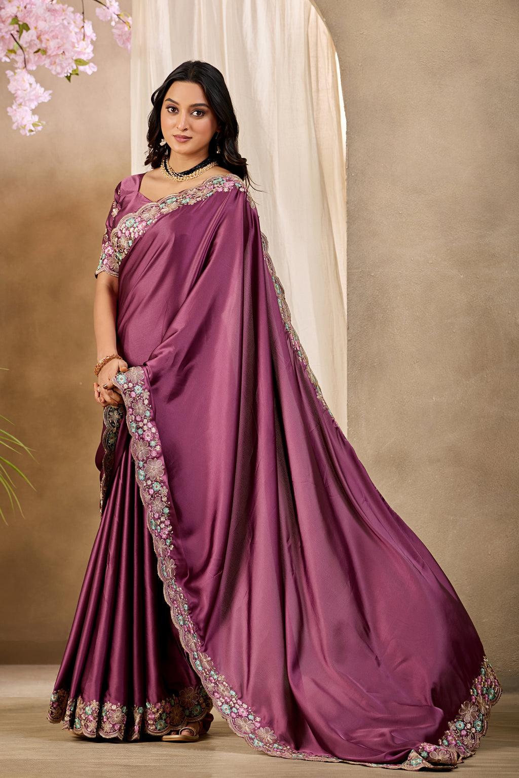 MANASVI Satin Embellished Embroidered Saree - Dark Maroon