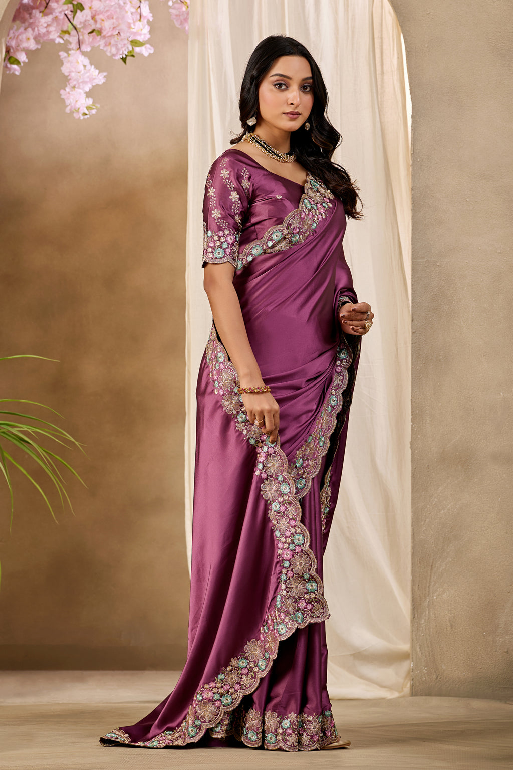 MANASVI Satin Embellished Embroidered Saree - Dark Maroon