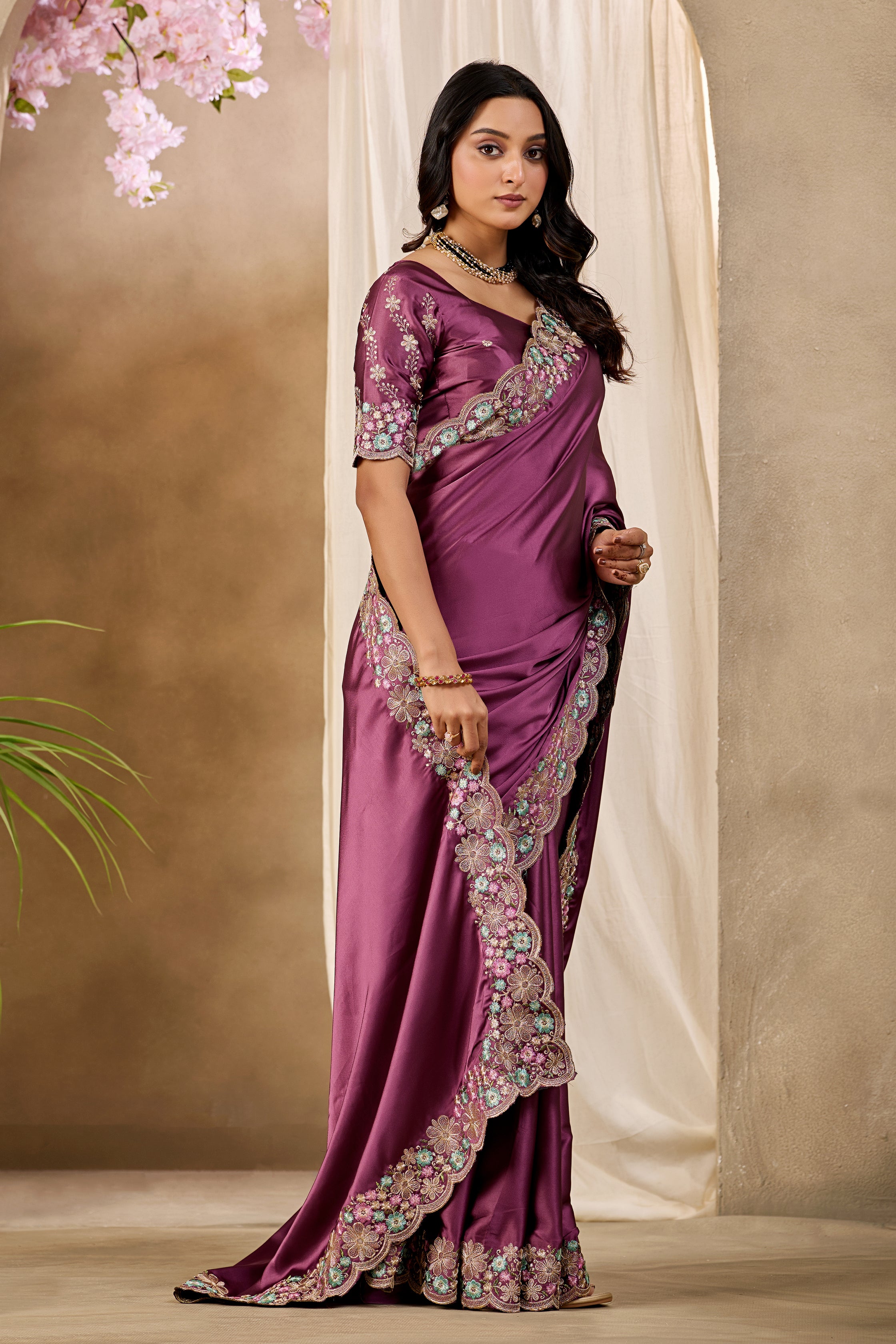 MANASVI Satin Embellished Embroidered Saree - Dark Maroon