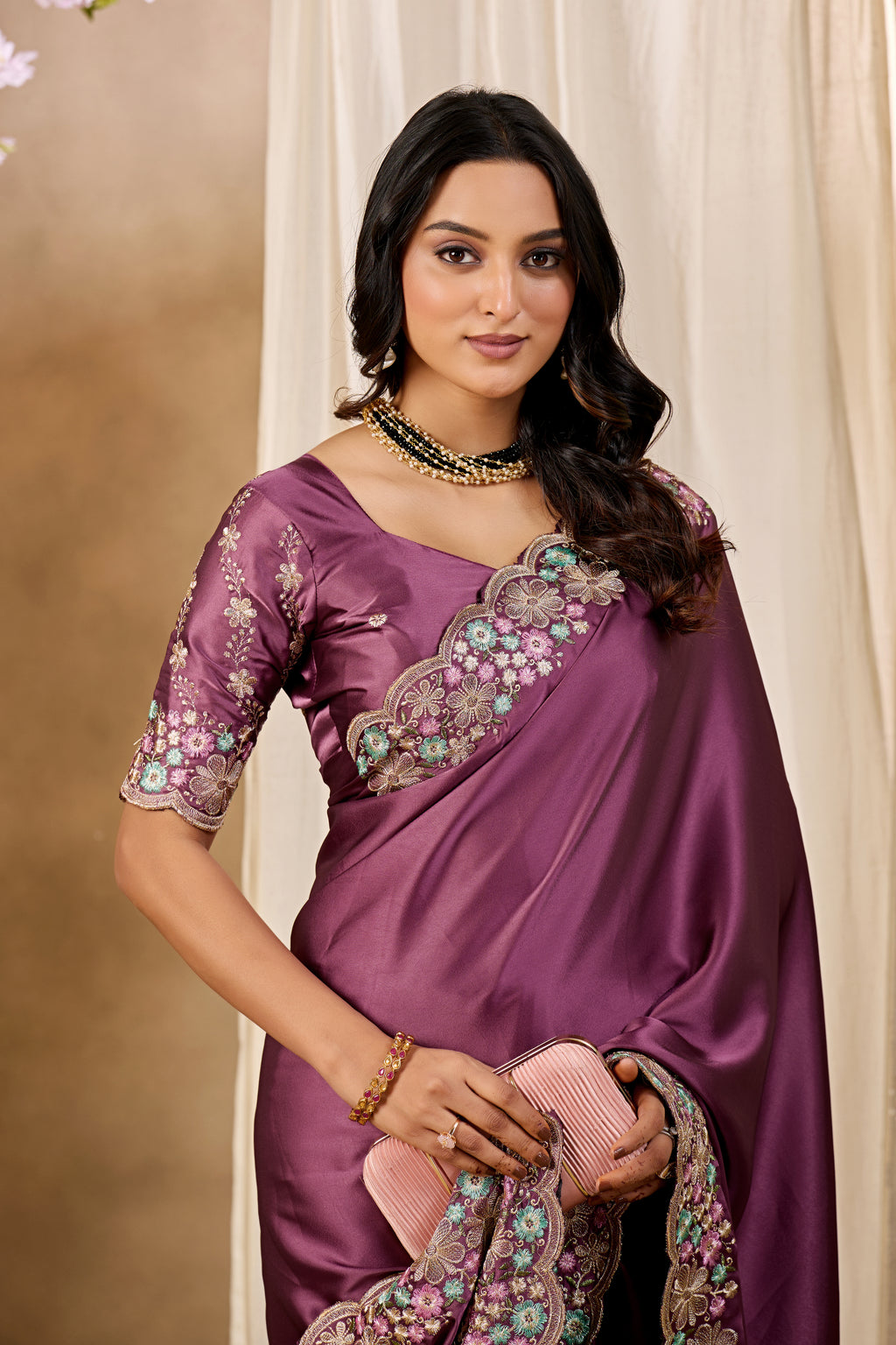 MANASVI Satin Embellished Embroidered Saree - Dark Maroon