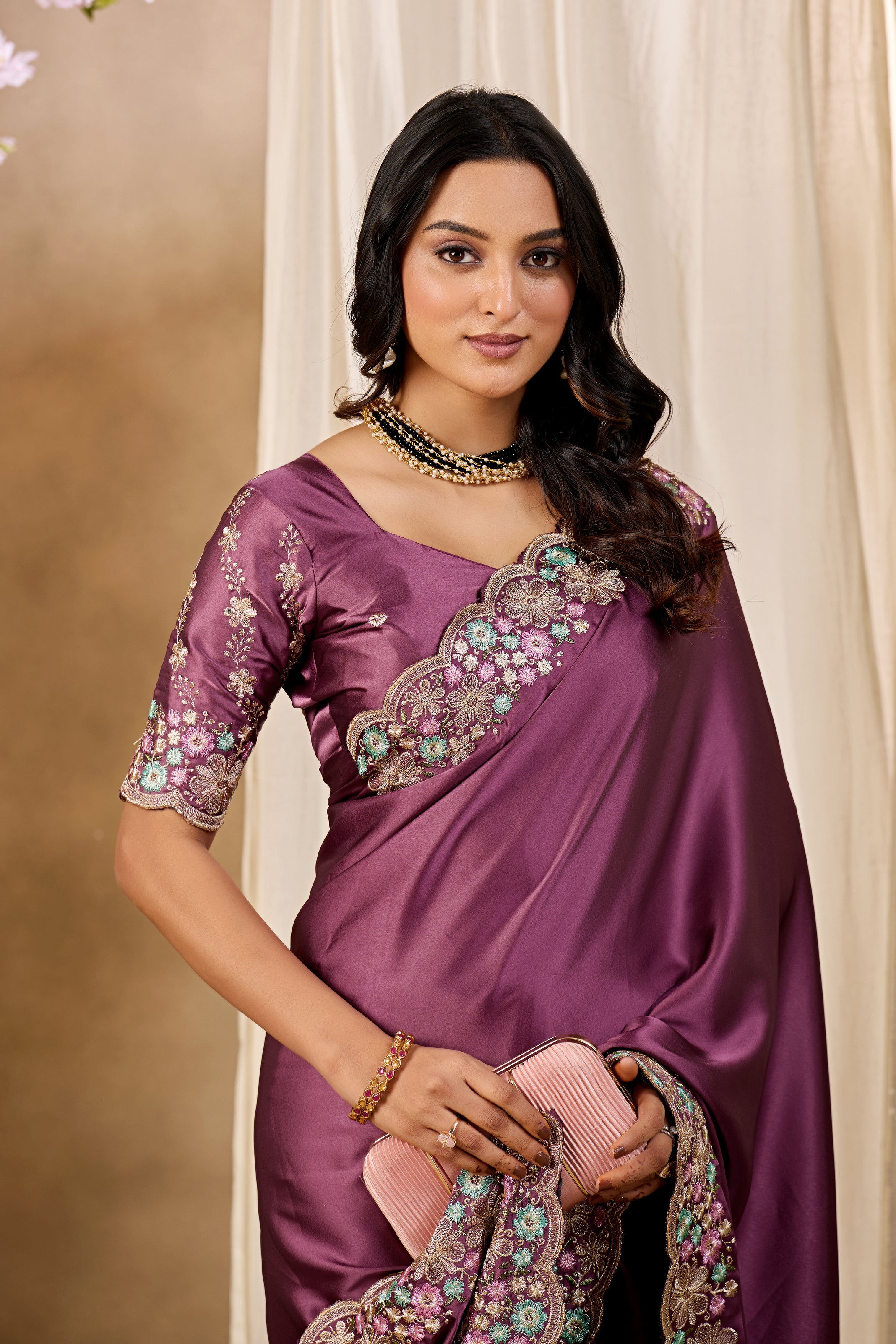 MANASVI Satin Embellished Embroidered Saree - Dark Maroon