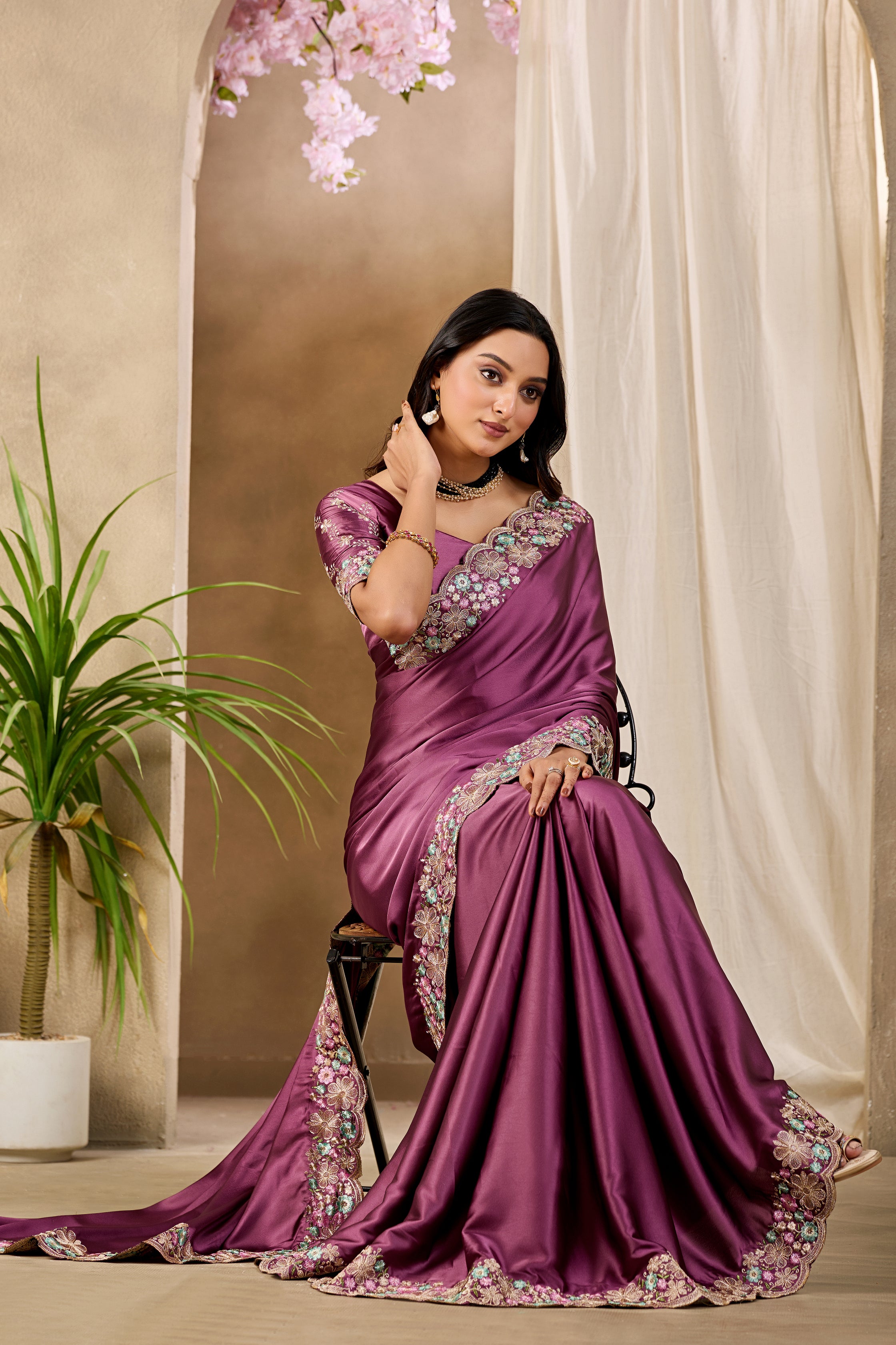 MANASVI Satin Embellished Embroidered Saree - Dark Maroon