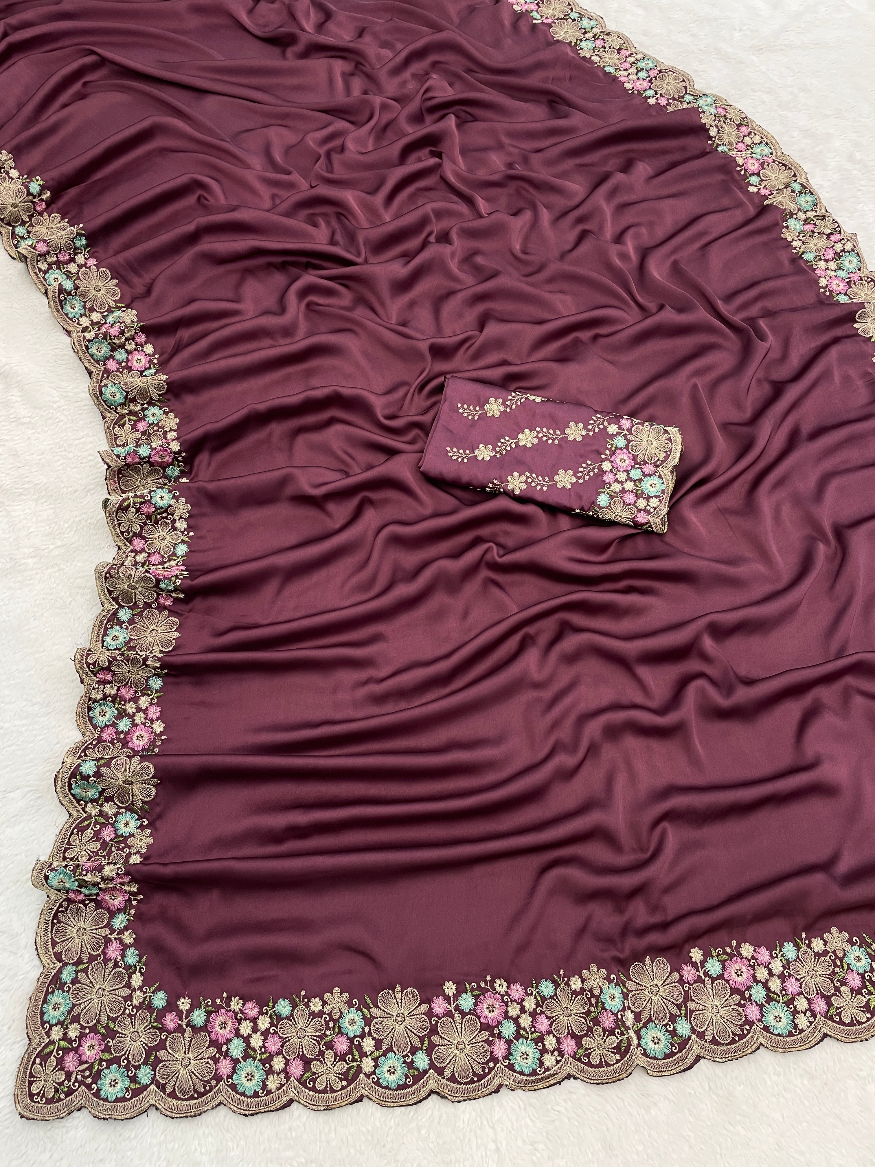MANASVI Satin Embellished Embroidered Saree - Dark Maroon