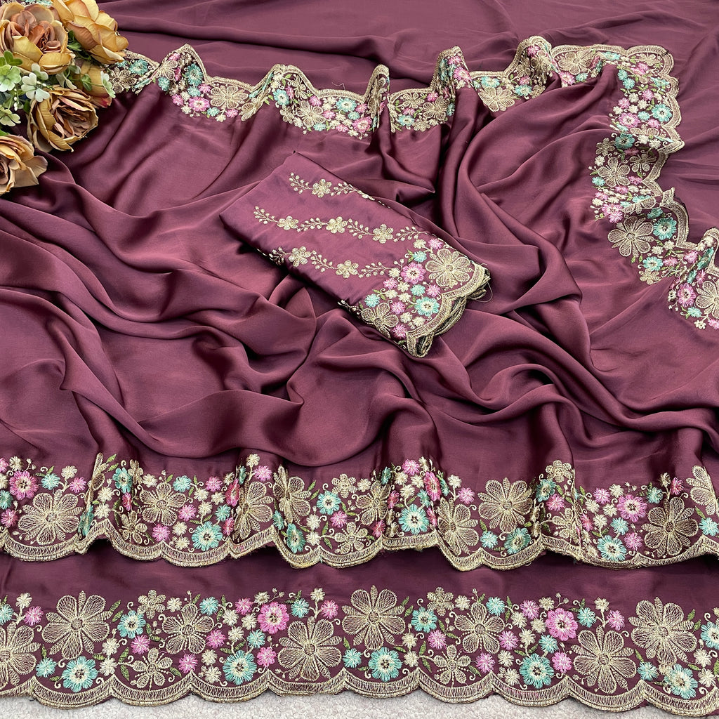 MANASVI Satin Embellished Embroidered Saree - Dark Maroon