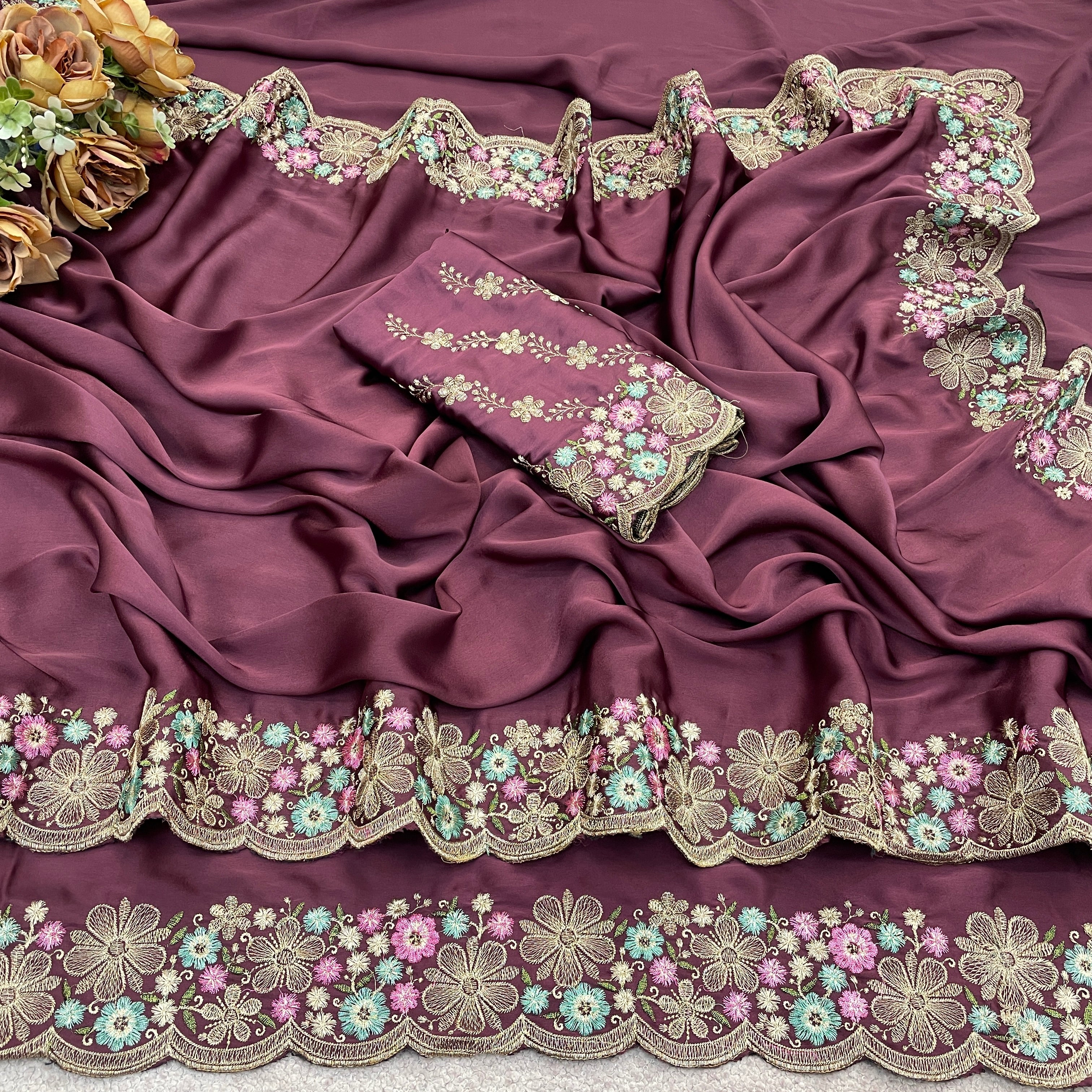 MANASVI Satin Embellished Embroidered Saree - Dark Maroon