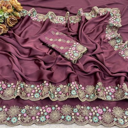 MANASVI Satin Embellished Embroidered Saree - Dark Maroon