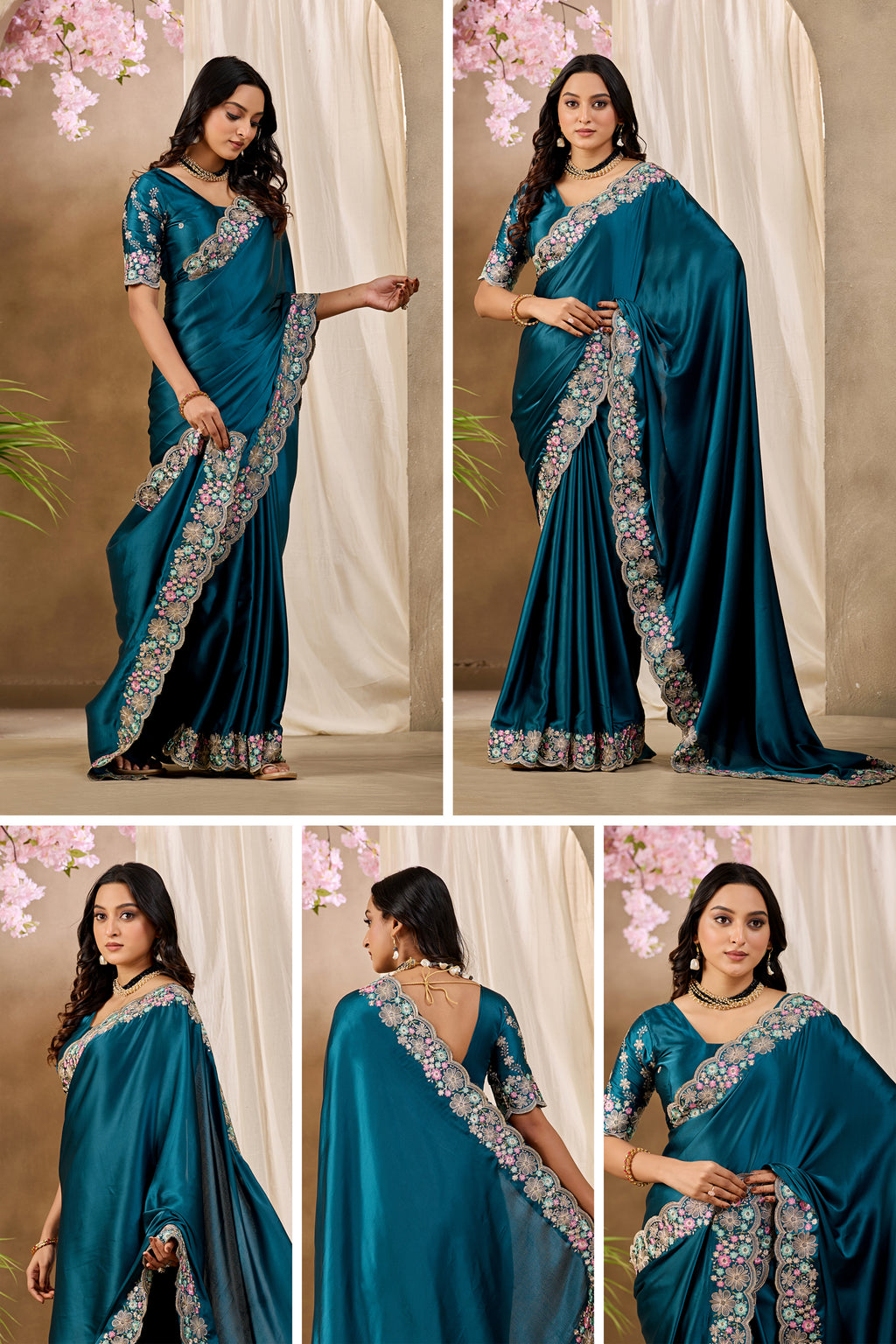 MANASVI Satin Embellished Embroidered Saree - Dark Mor Peach