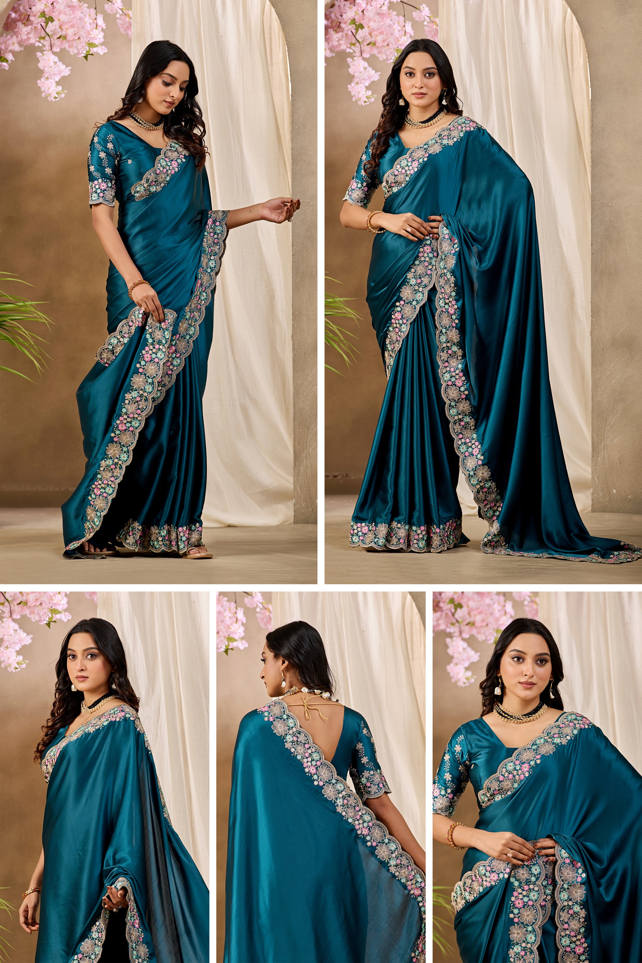 MANASVI Satin Embellished Embroidered Saree - Dark Mor Peach